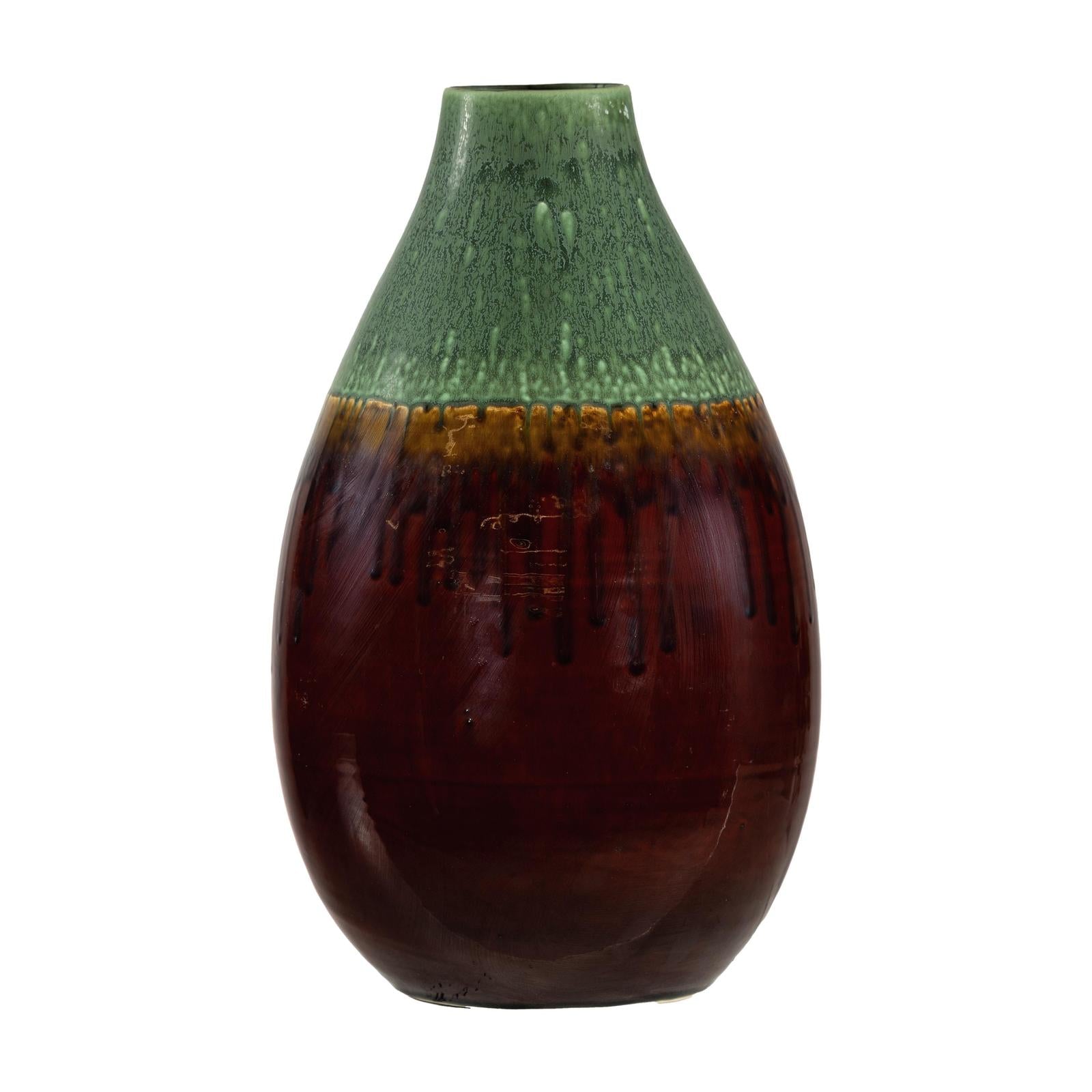 Green and Brown Glazed Ceramic Vase with Drip Effect and Rounded Silhouette