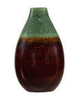 Green and Brown Glazed Ceramic Vase with Drip Effect and Rounded Silhouette