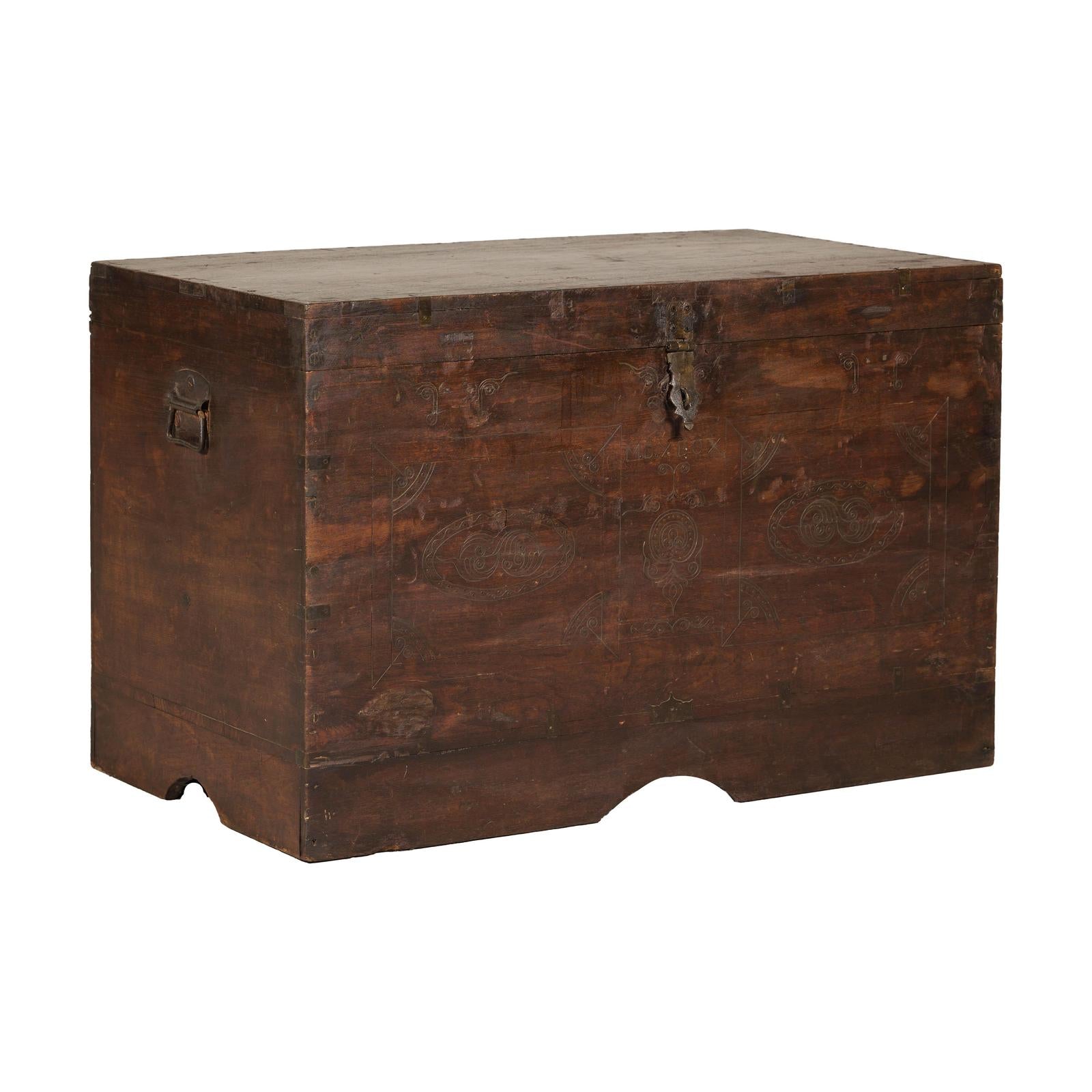 Antique Wedding Trunk with Carved Details, Mirror, and Hidden Storage