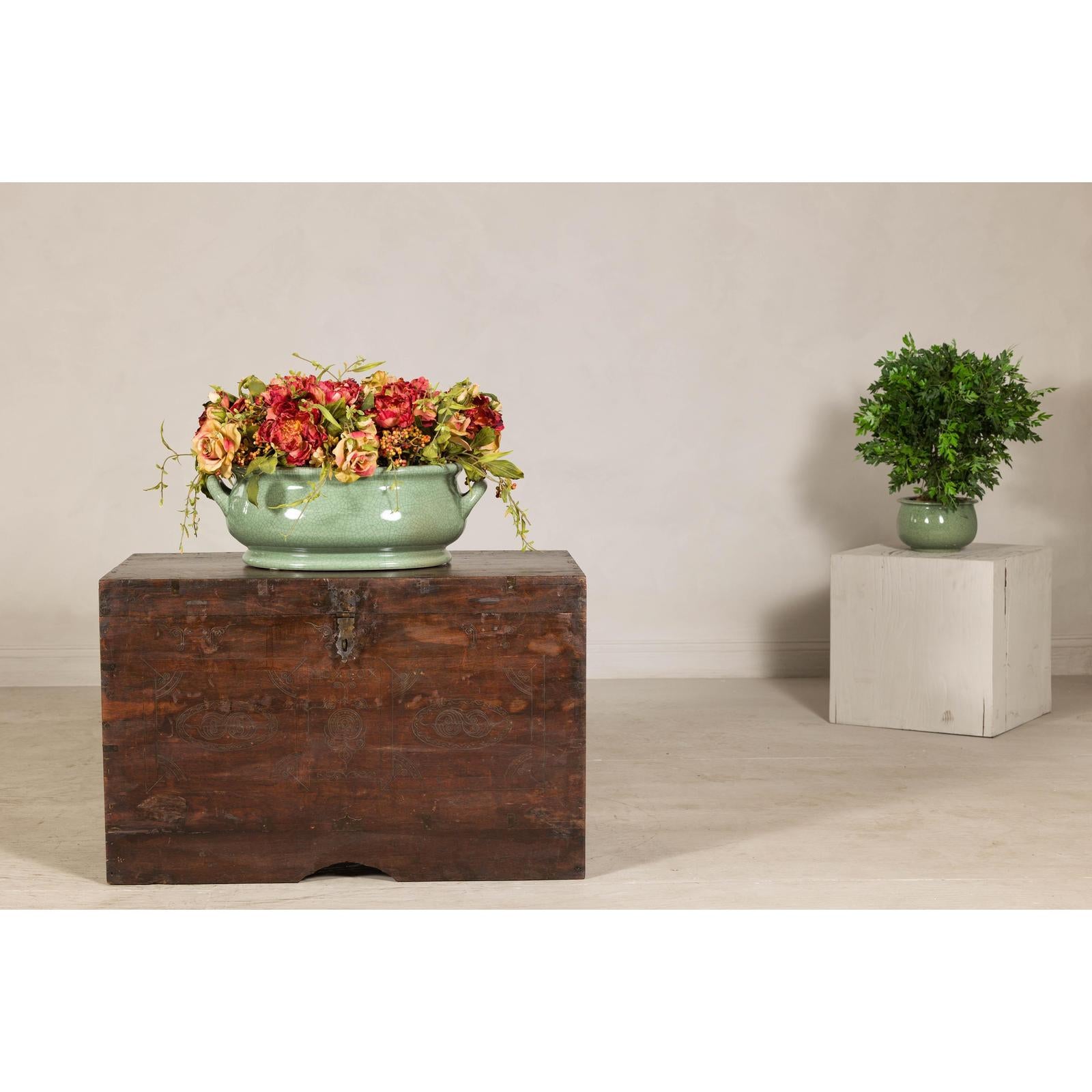 Antique Wedding Trunk with Carved Details, Mirror, and Hidden Storage