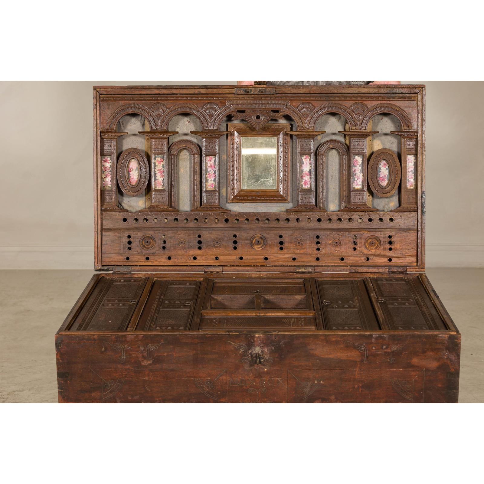 Antique Wedding Trunk with Carved Details, Mirror, and Hidden Storage