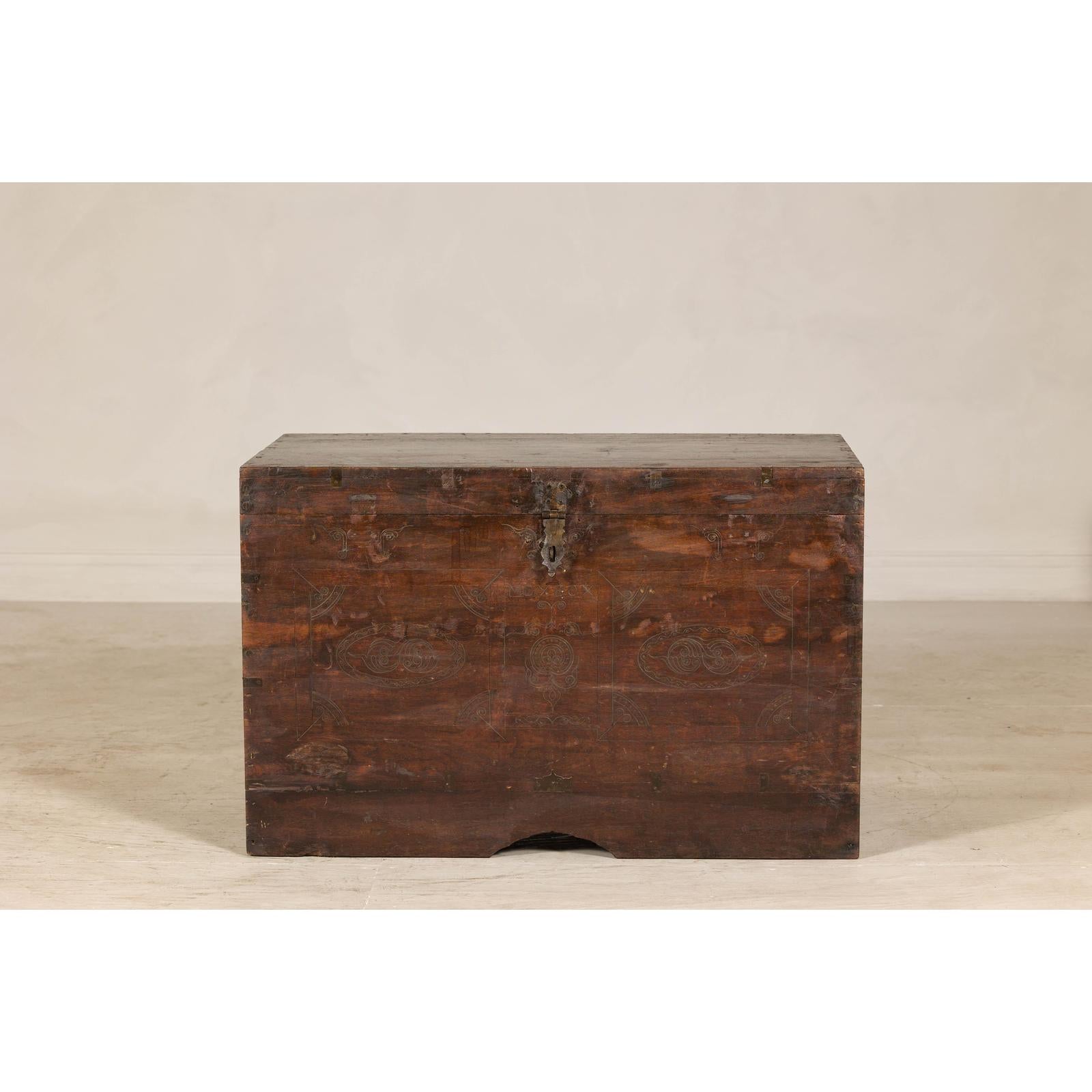 Antique Wedding Trunk with Carved Details, Mirror, and Hidden Storage