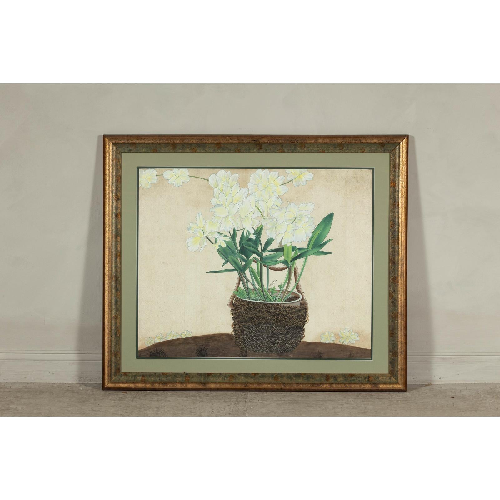 Framed Midcentury Botanical Print with Gold Leaf and Green Matte