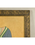 Japanese Hand-Painted Silk Artwork of a Seated Concubine in Giltwood Frame