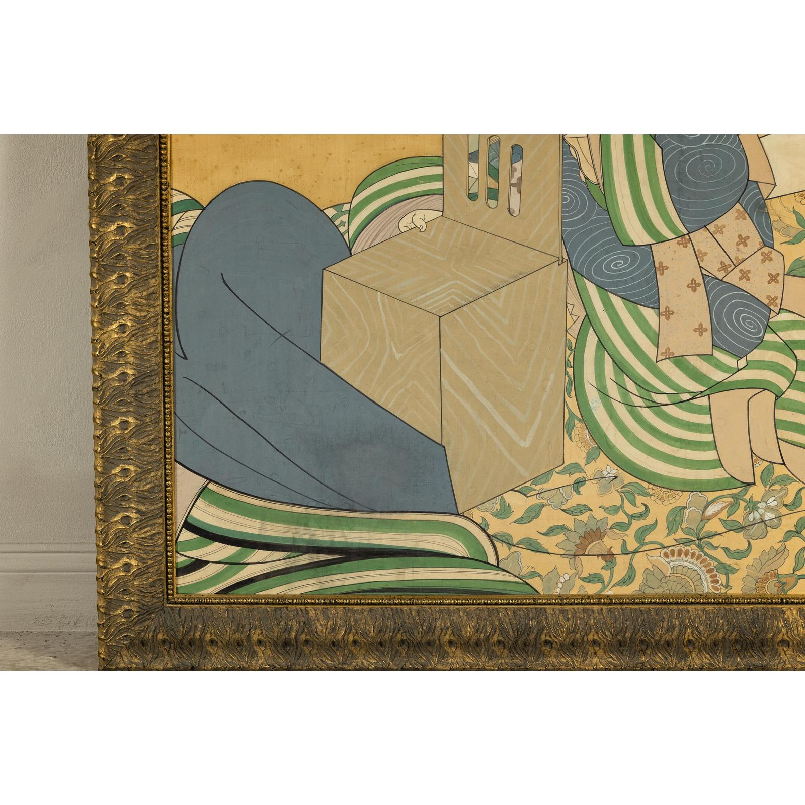 Japanese Hand-Painted Silk Artwork of a Seated Concubine in Giltwood Frame