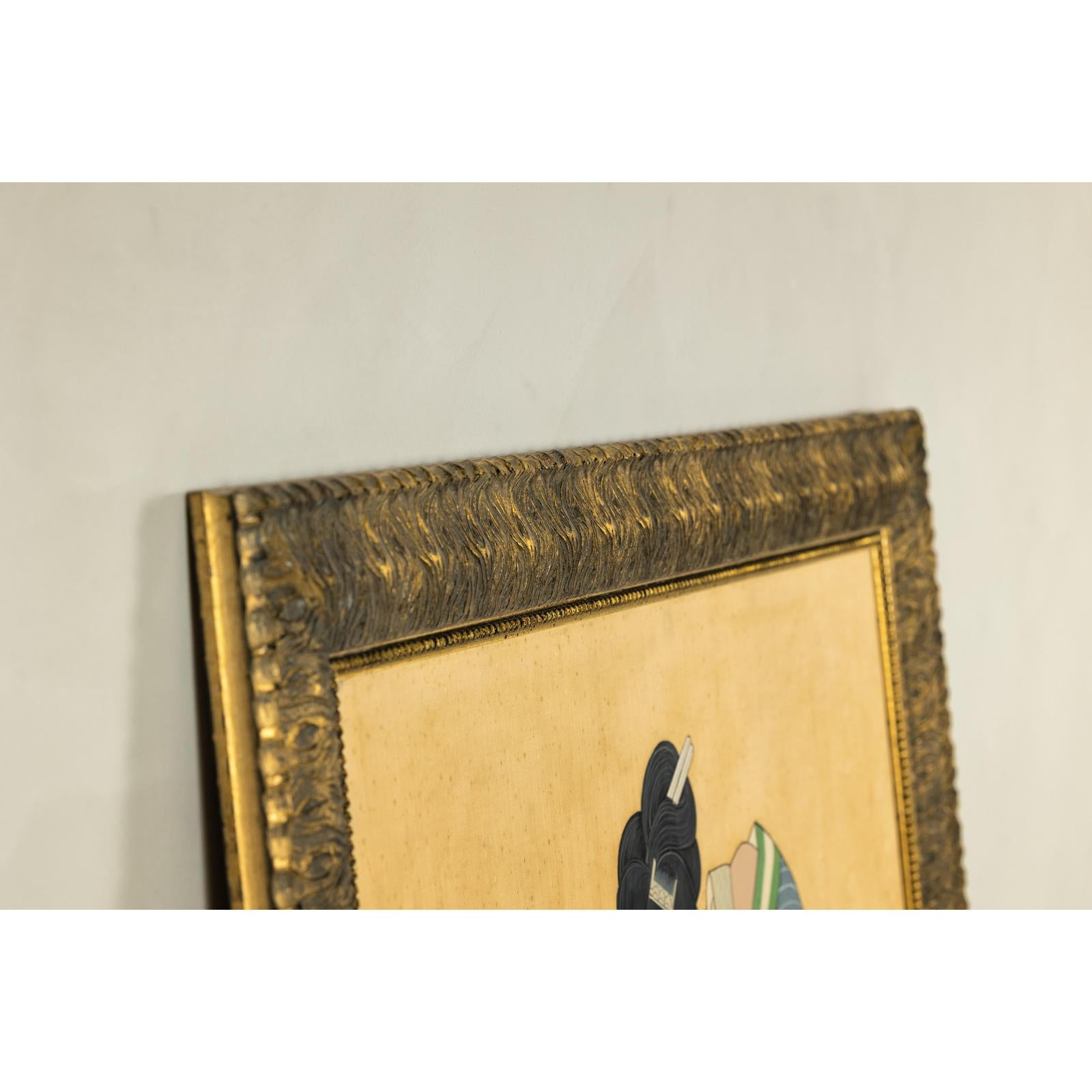 Japanese Hand-Painted Silk Artwork of a Seated Concubine in Giltwood Frame