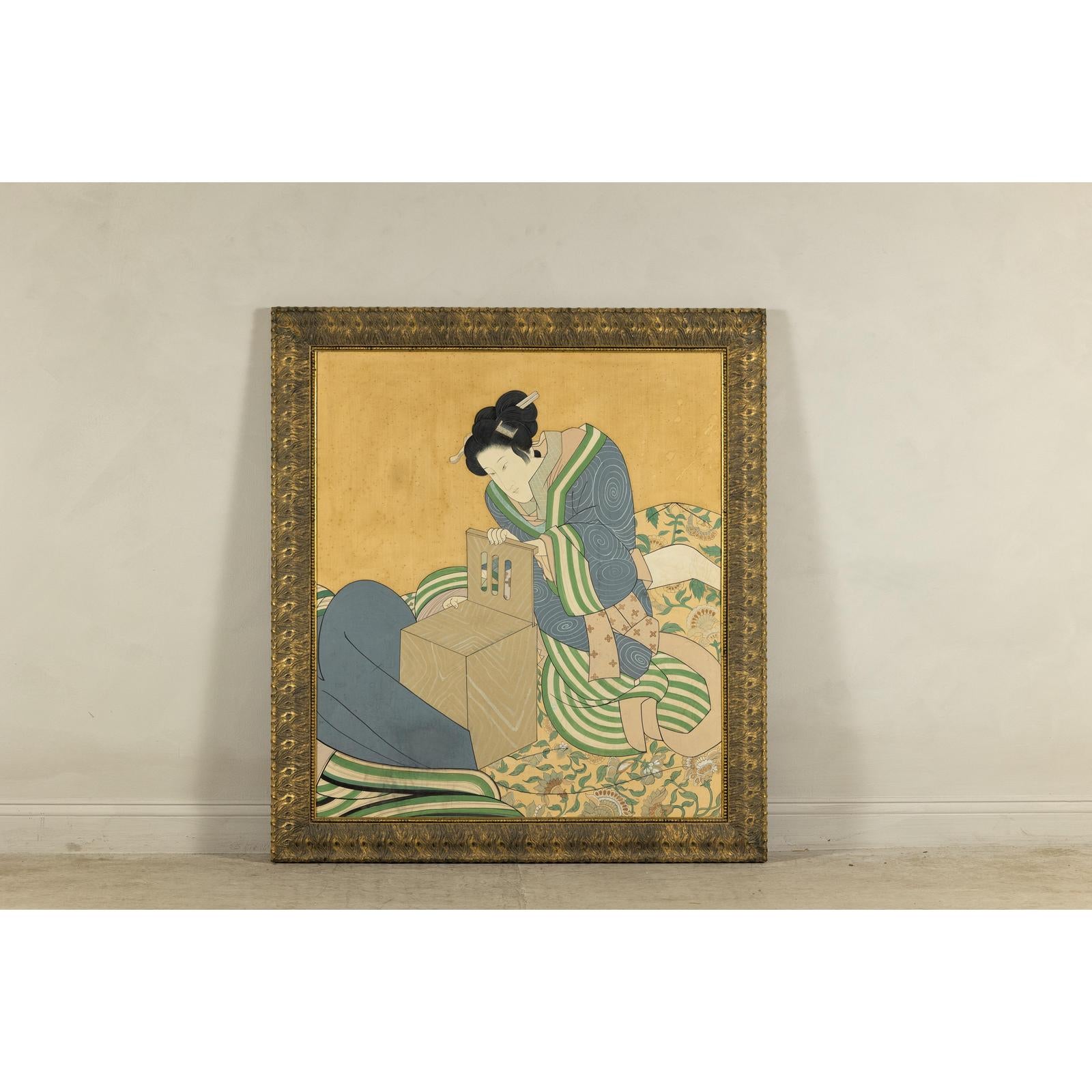 Japanese Hand-Painted Silk Artwork of a Seated Concubine in Giltwood Frame