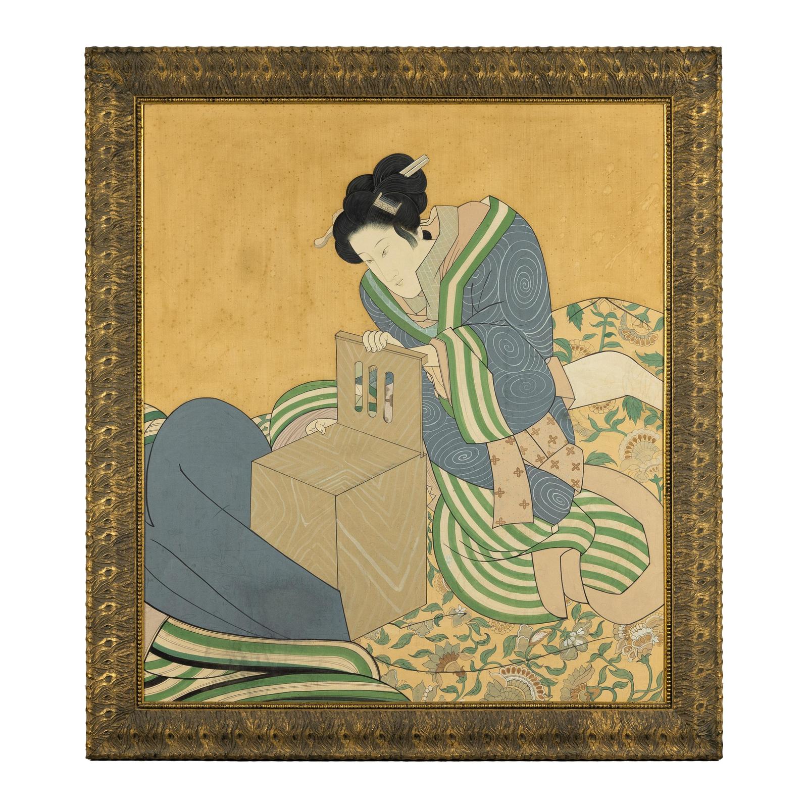 Japanese Hand-Painted Silk Artwork of a Seated Concubine in Giltwood Frame