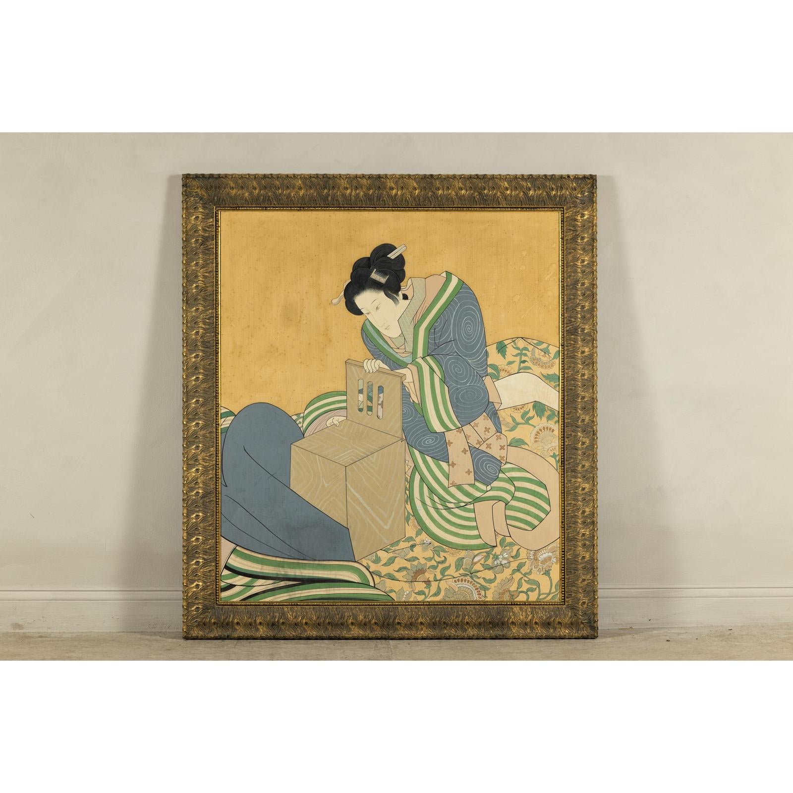 Japanese Hand-Painted Silk Artwork of a Seated Concubine in Giltwood Frame