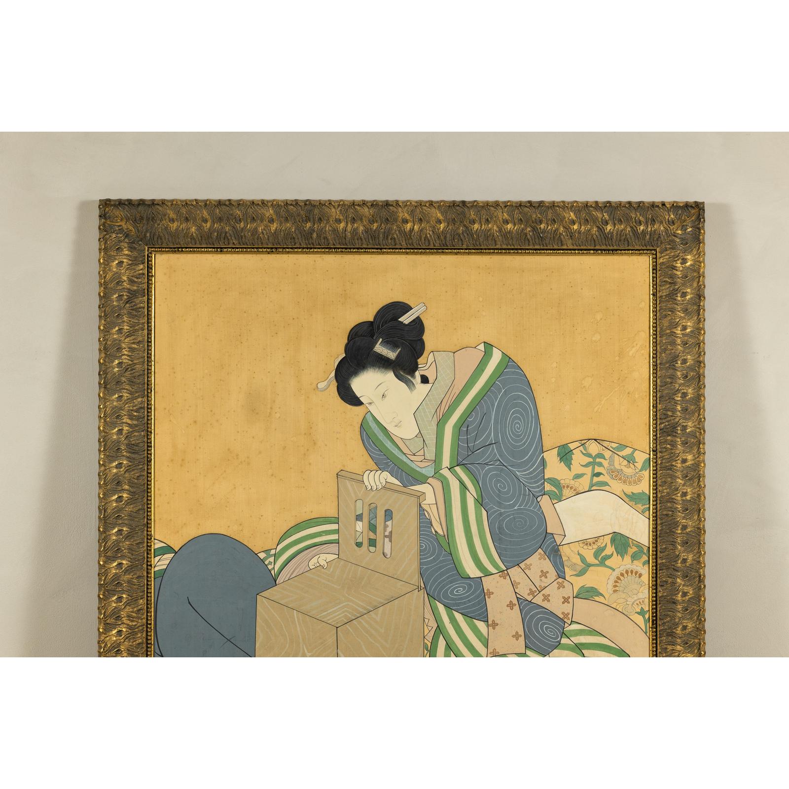 Japanese Hand-Painted Silk Artwork of a Seated Concubine in Giltwood Frame