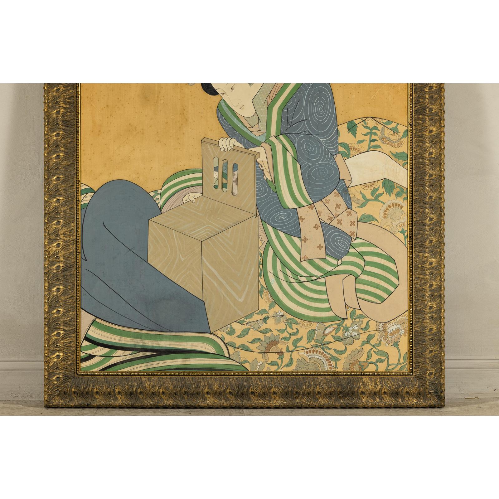 Japanese Hand-Painted Silk Artwork of a Seated Concubine in Giltwood Frame