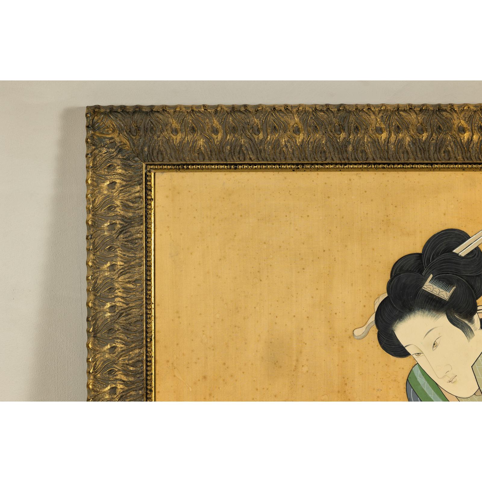 Japanese Hand-Painted Silk Artwork of a Seated Concubine in Giltwood Frame