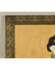 Japanese Hand-Painted Silk Artwork of a Seated Concubine in Giltwood Frame