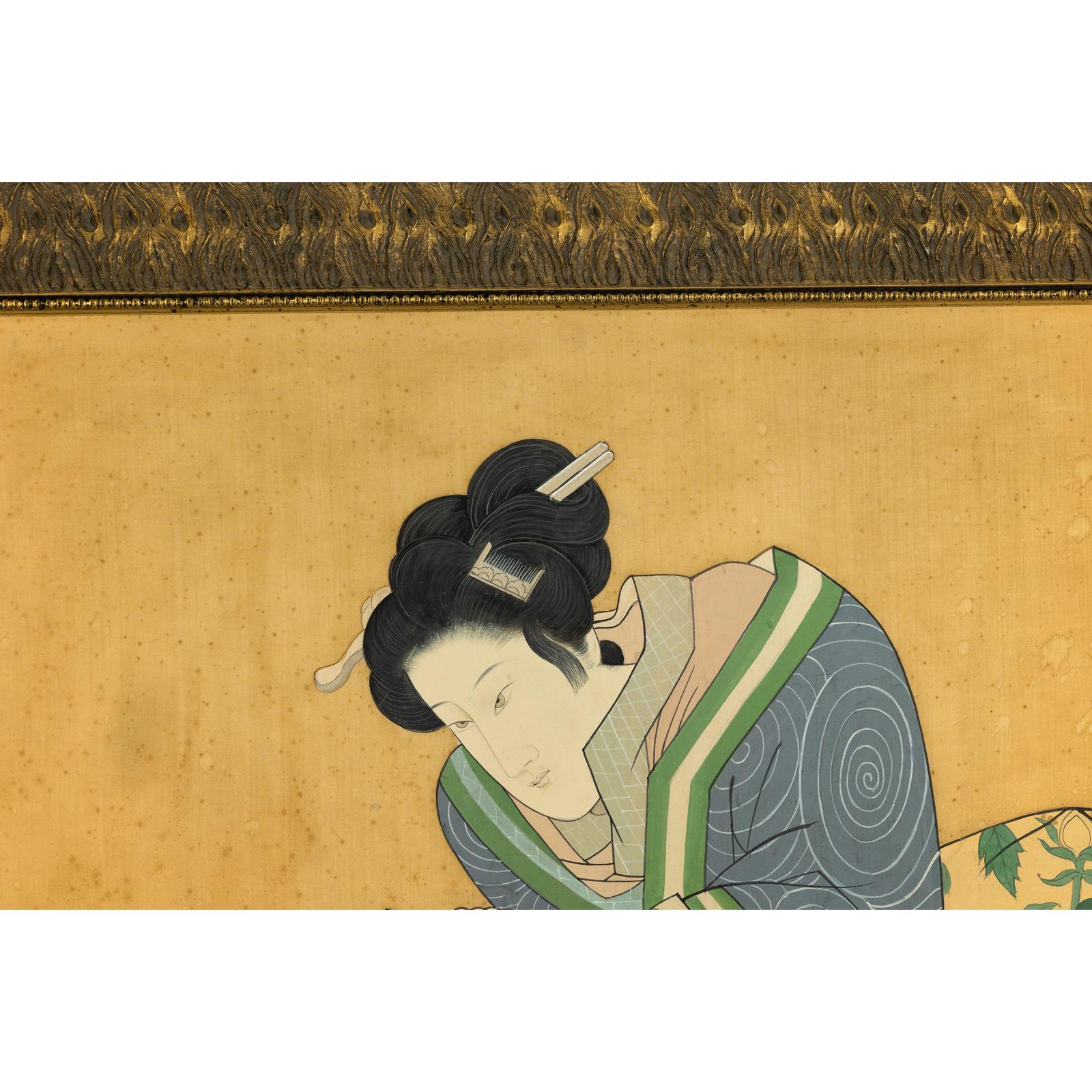 Japanese Hand-Painted Silk Artwork of a Seated Concubine in Giltwood Frame