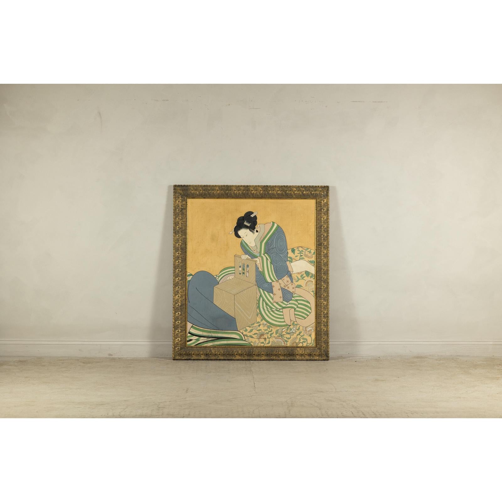 Japanese Hand-Painted Silk Artwork of a Seated Concubine in Giltwood Frame
