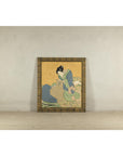 Japanese Hand-Painted Silk Artwork of a Seated Concubine in Giltwood Frame