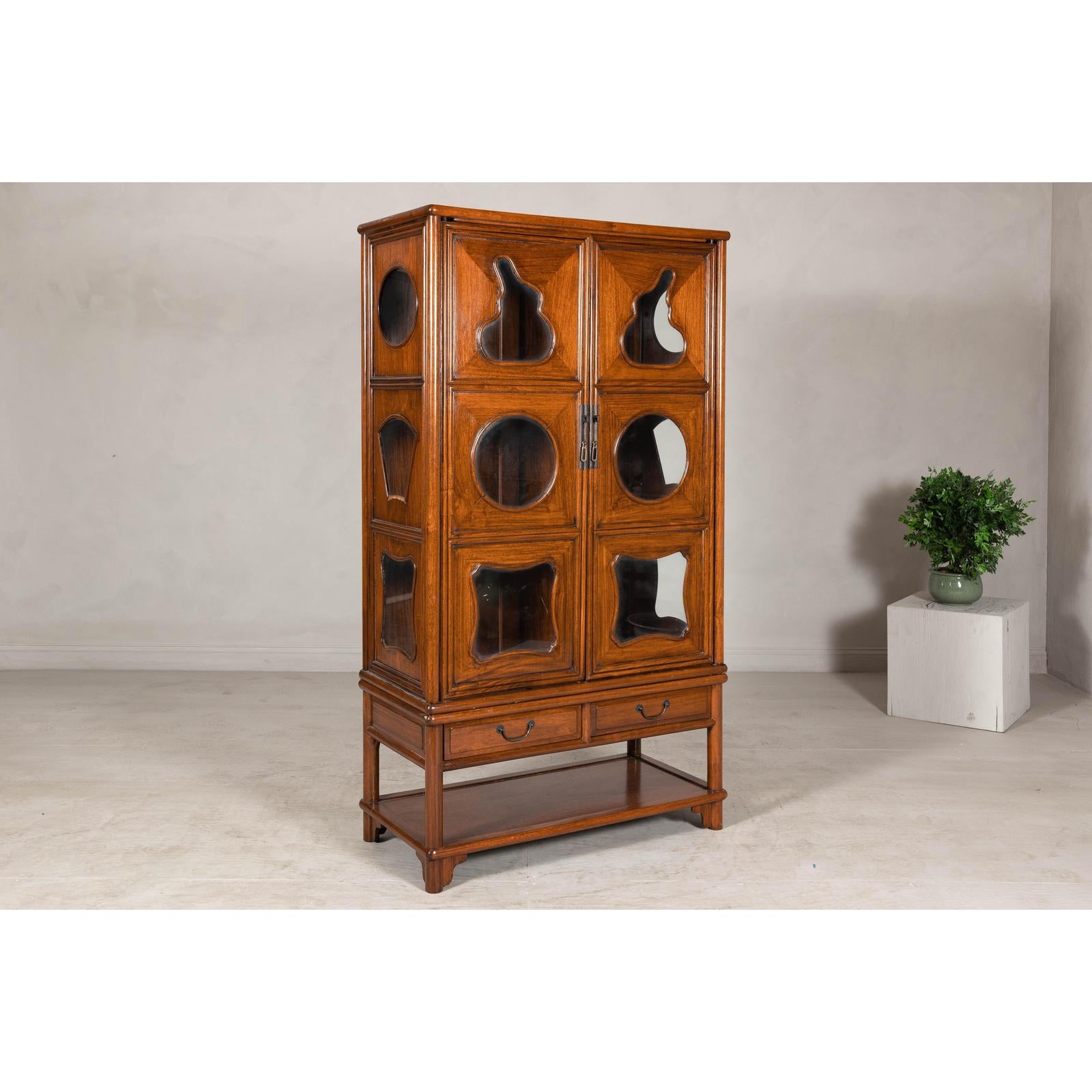 Two-Piece Hardwood Display Cabinet with Glass Paneled Cutouts
