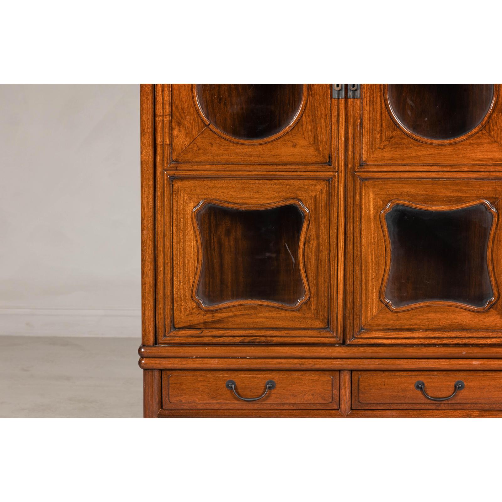 Two-Piece Hardwood Display Cabinet with Glass Paneled Cutouts