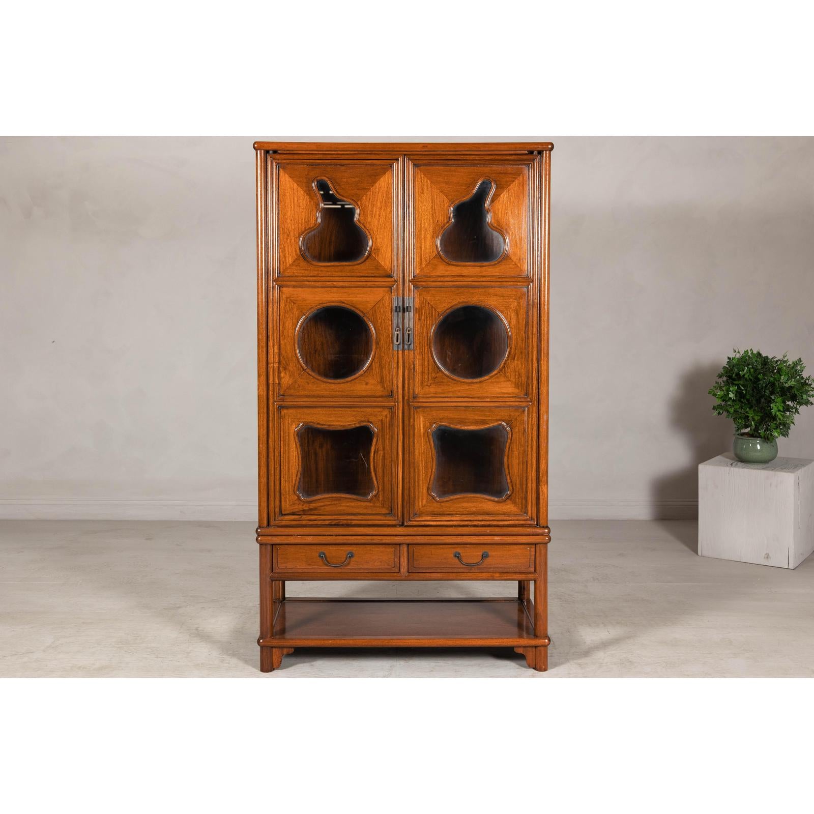 Two-Piece Hardwood Display Cabinet with Glass Paneled Cutouts