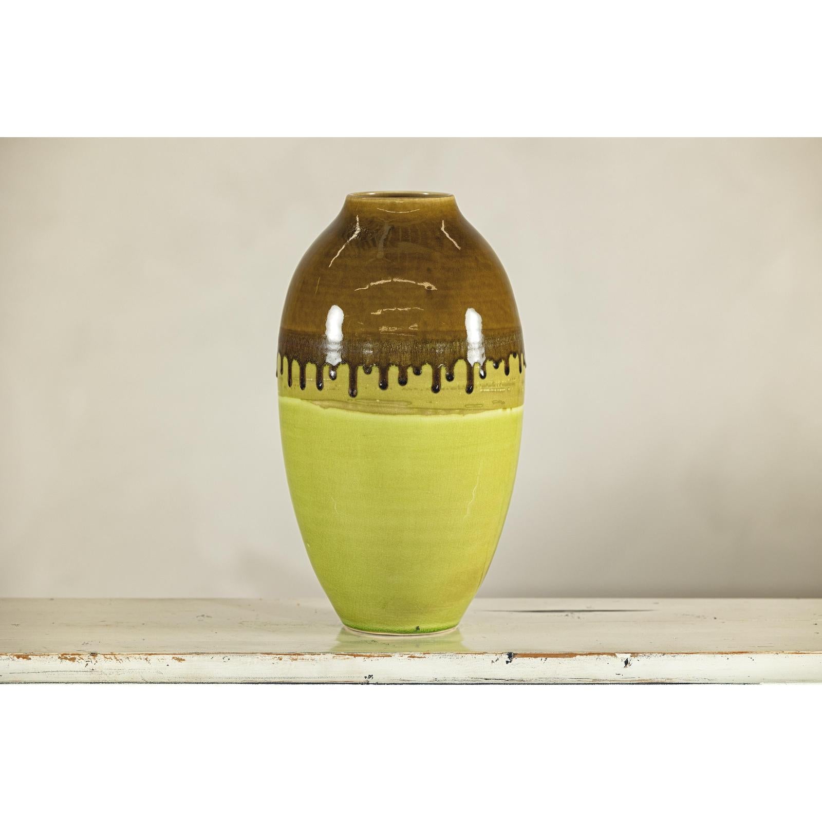 Tall Artisan Ceramic Vase in Dripped Brown and Chartreuse Glaze