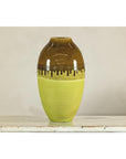 Tall Artisan Ceramic Vase in Dripped Brown and Chartreuse Glaze