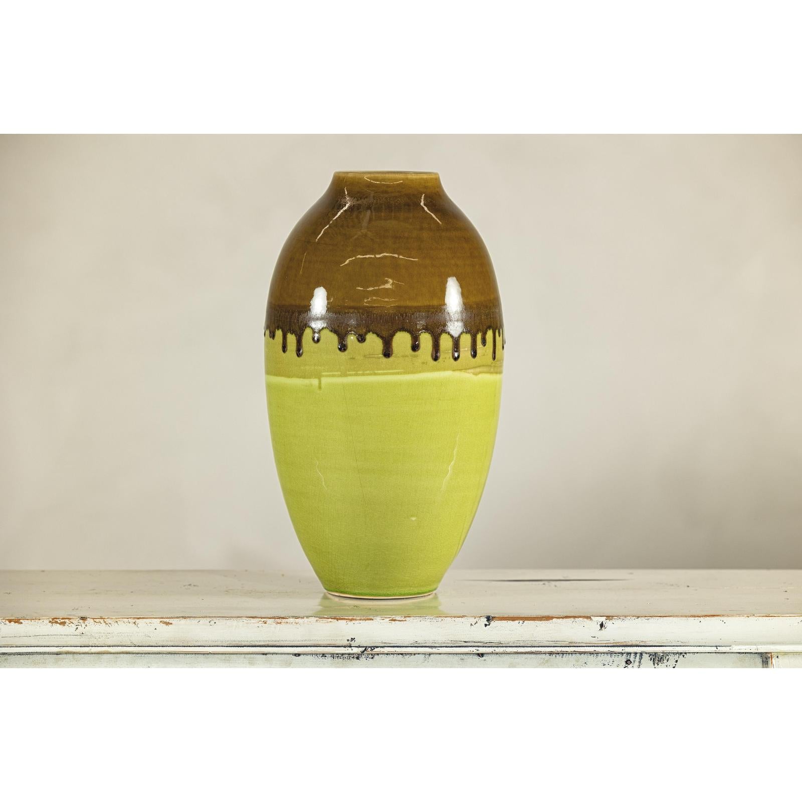 Tall Artisan Ceramic Vase in Dripped Brown and Chartreuse Glaze