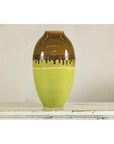 Tall Artisan Ceramic Vase in Dripped Brown and Chartreuse Glaze
