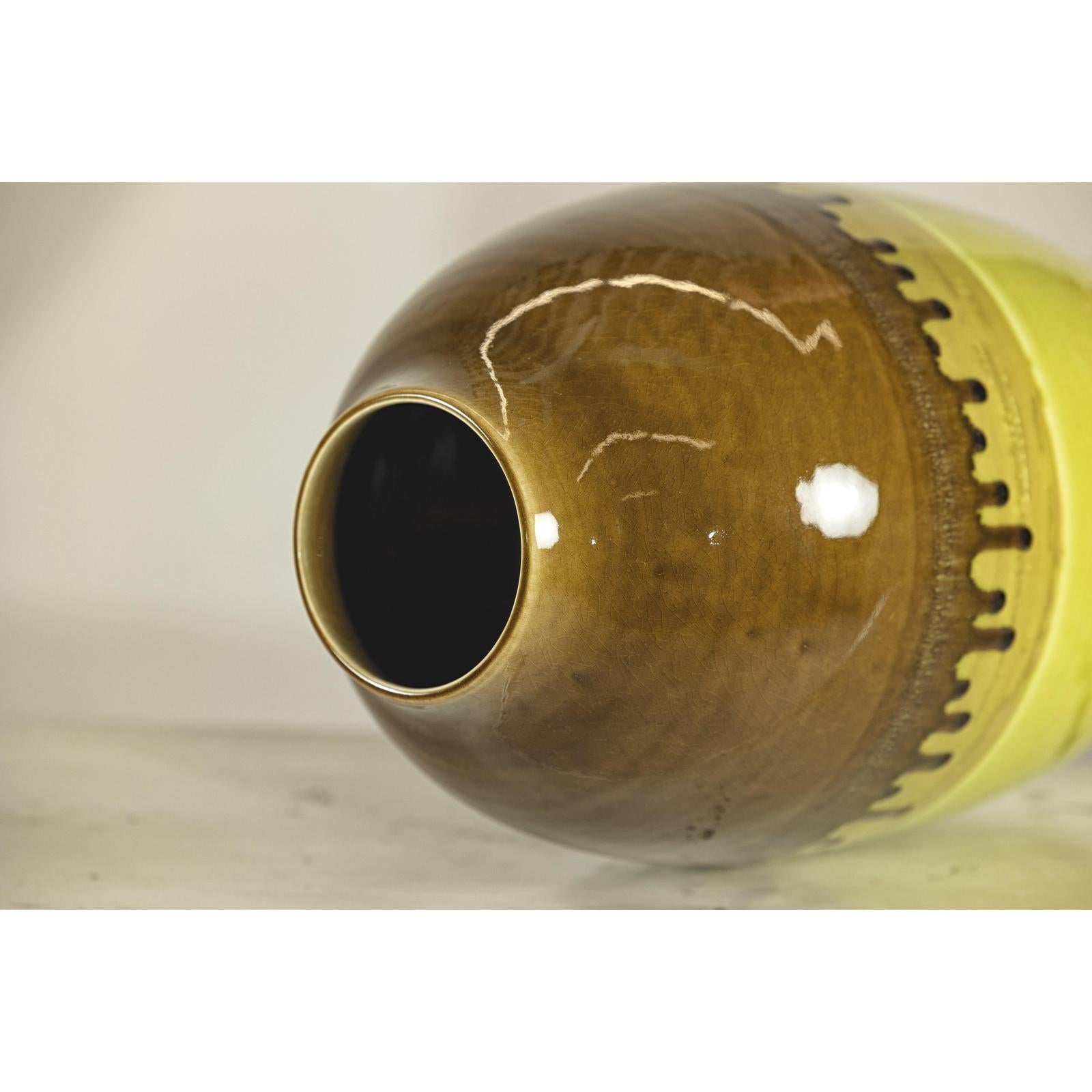 Tall Artisan Ceramic Vase in Dripped Brown and Chartreuse Glaze