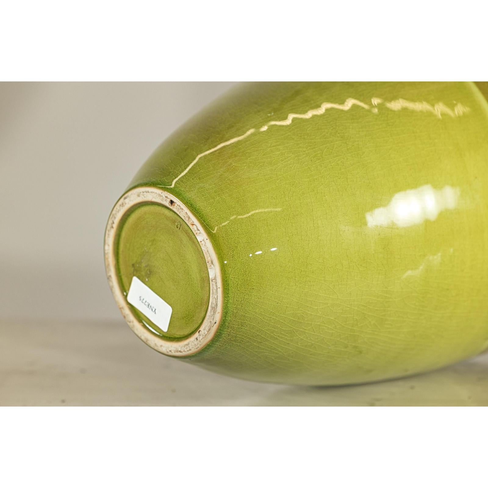 Tall Artisan Ceramic Vase in Dripped Brown and Chartreuse Glaze
