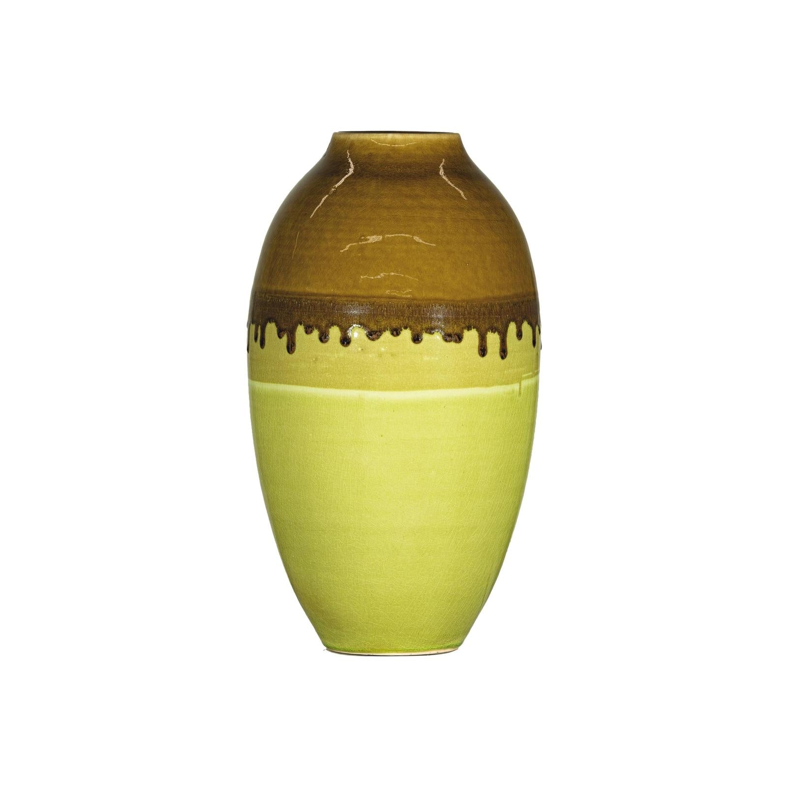 Tall Artisan Ceramic Vase in Dripped Brown and Chartreuse Glaze