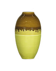 Tall Artisan Ceramic Vase in Dripped Brown and Chartreuse Glaze