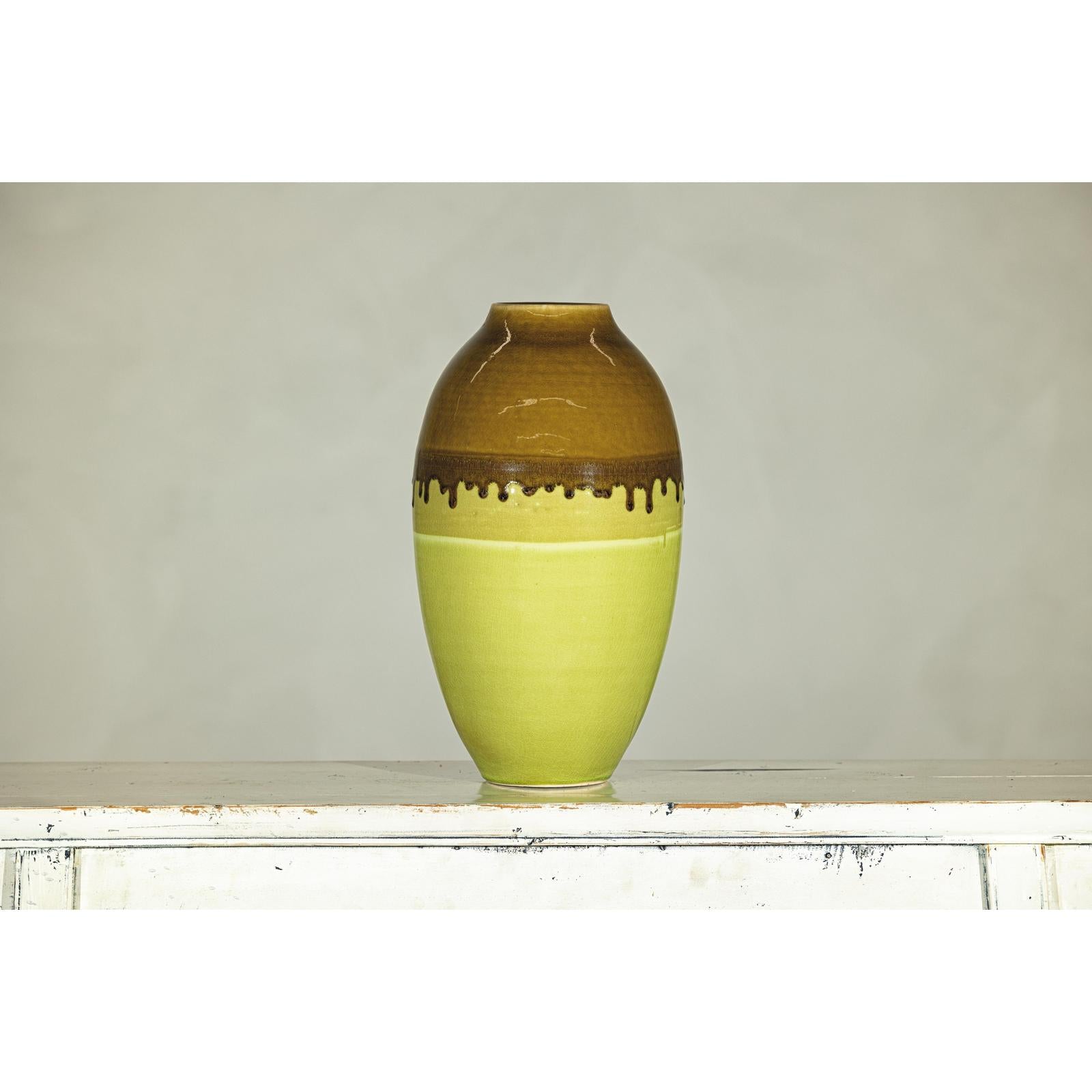 Tall Artisan Ceramic Vase in Dripped Brown and Chartreuse Glaze
