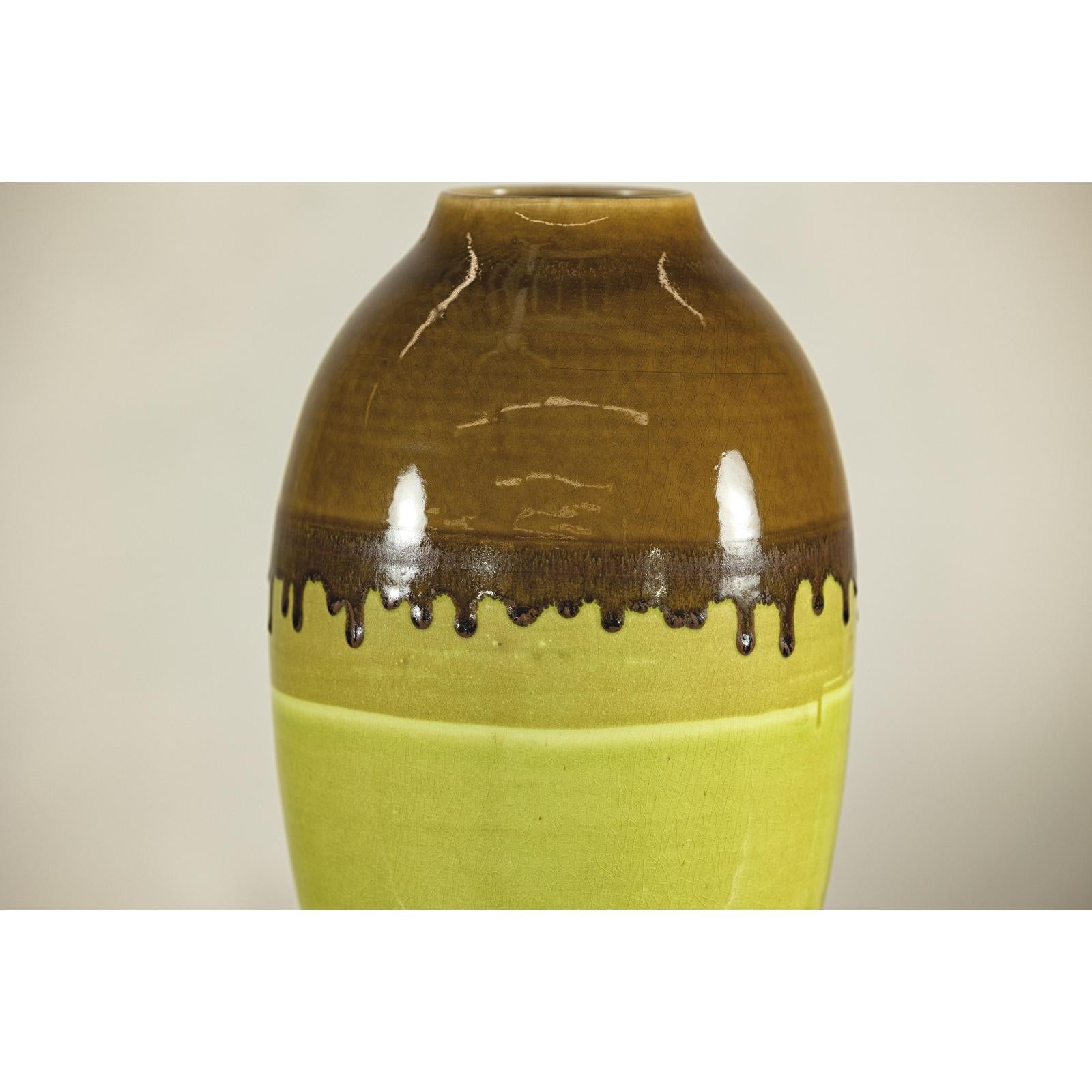 Tall Artisan Ceramic Vase in Dripped Brown and Chartreuse Glaze