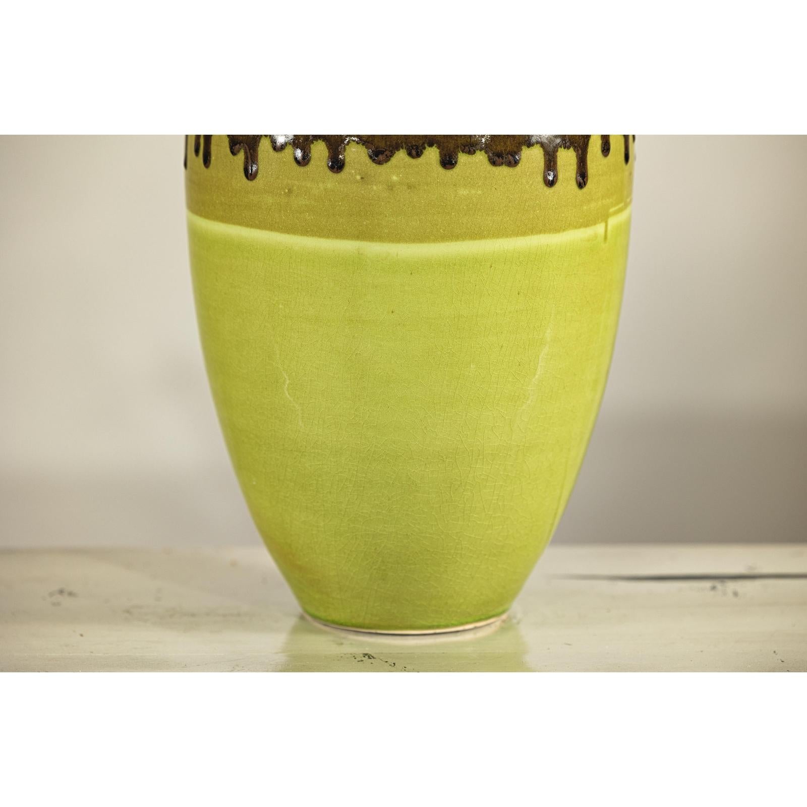 Tall Artisan Ceramic Vase in Dripped Brown and Chartreuse Glaze