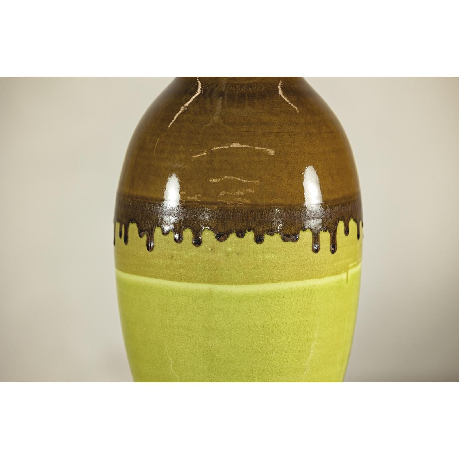 Tall Artisan Ceramic Vase in Dripped Brown and Chartreuse Glaze