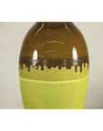 Tall Artisan Ceramic Vase in Dripped Brown and Chartreuse Glaze