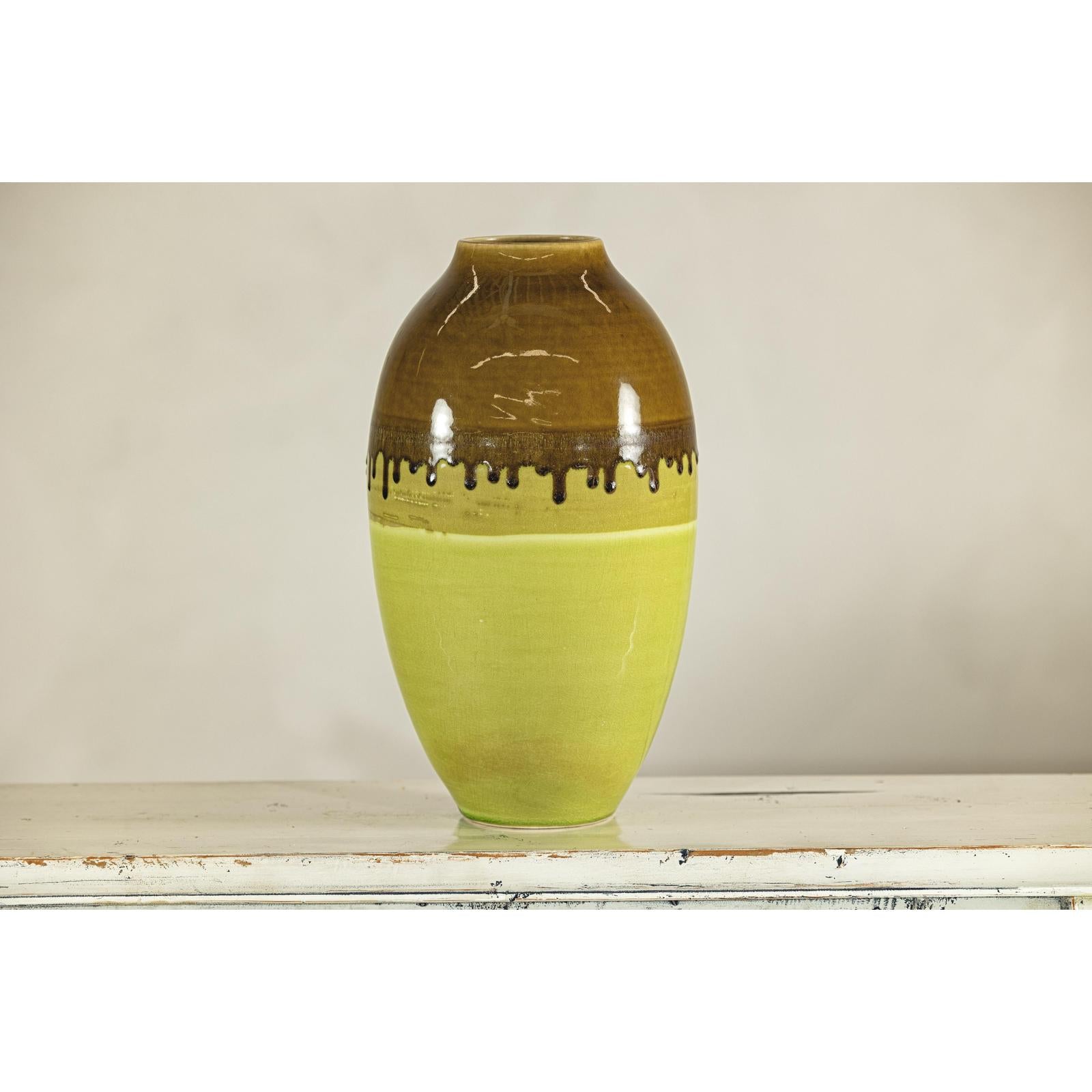 Tall Artisan Ceramic Vase in Dripped Brown and Chartreuse Glaze