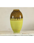 Tall Artisan Ceramic Vase in Dripped Brown and Chartreuse Glaze