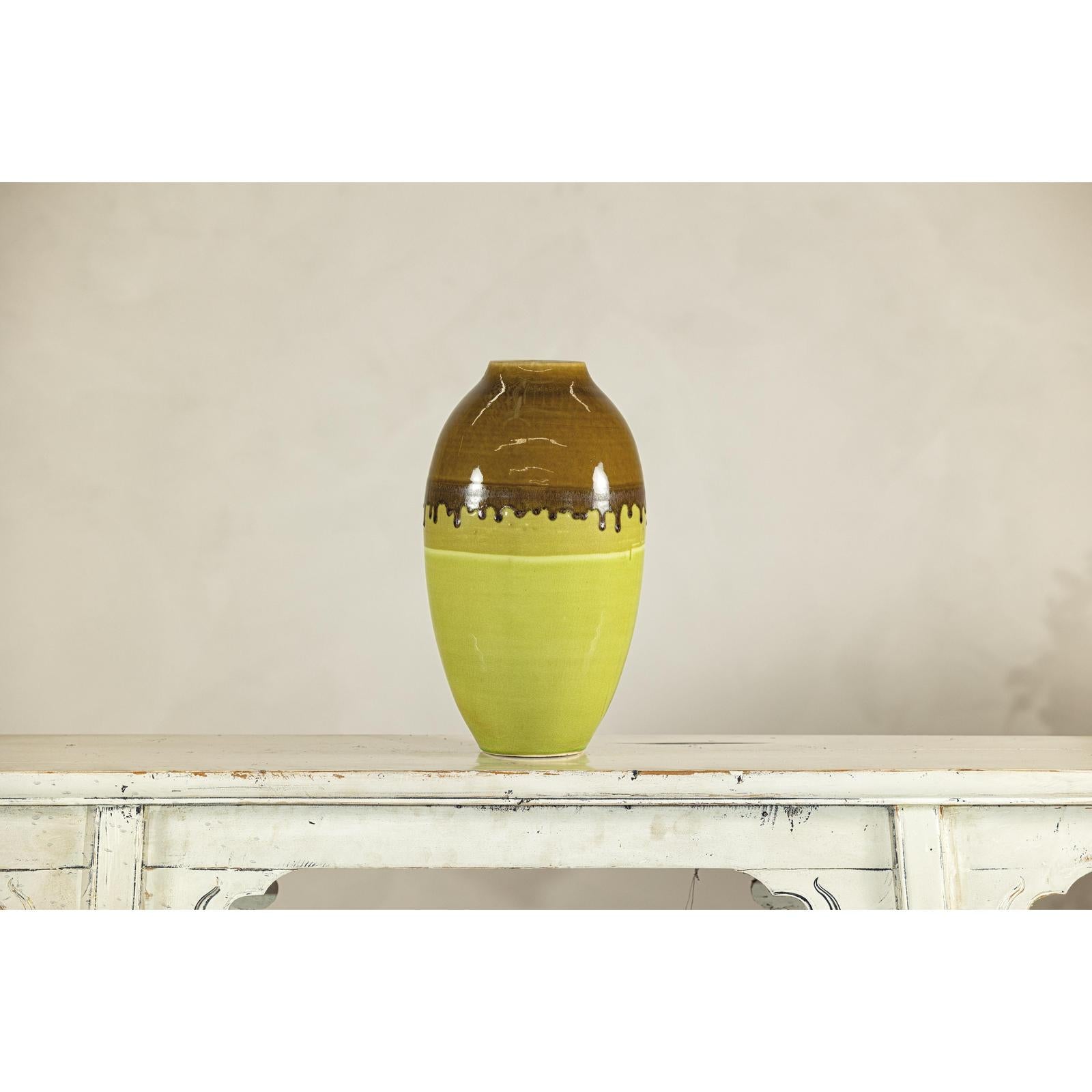 Tall Artisan Ceramic Vase in Dripped Brown and Chartreuse Glaze