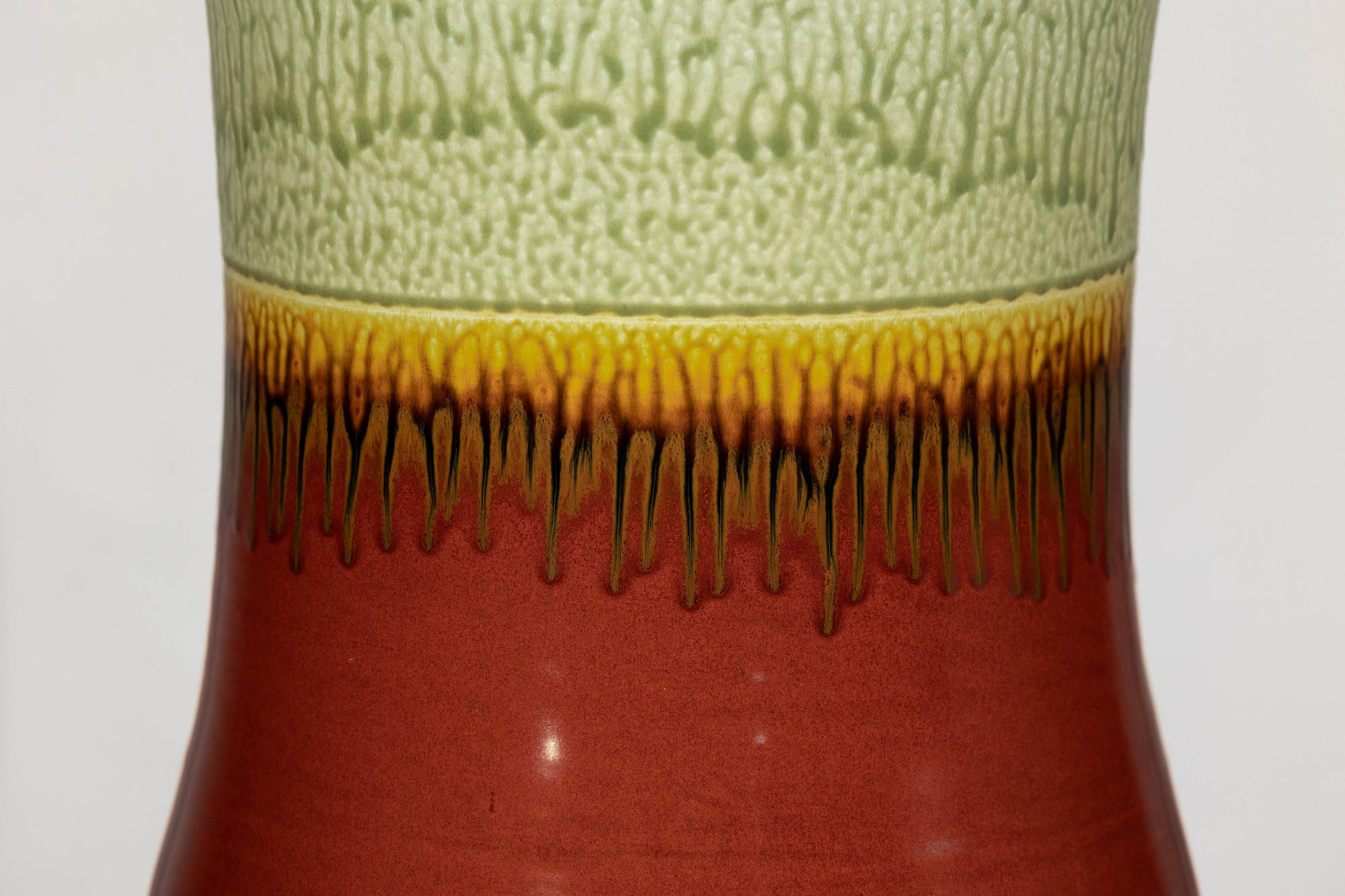 Tall Artisan Hand-Crafted Ceramic Vase with Green Drip Glaze over Red Base