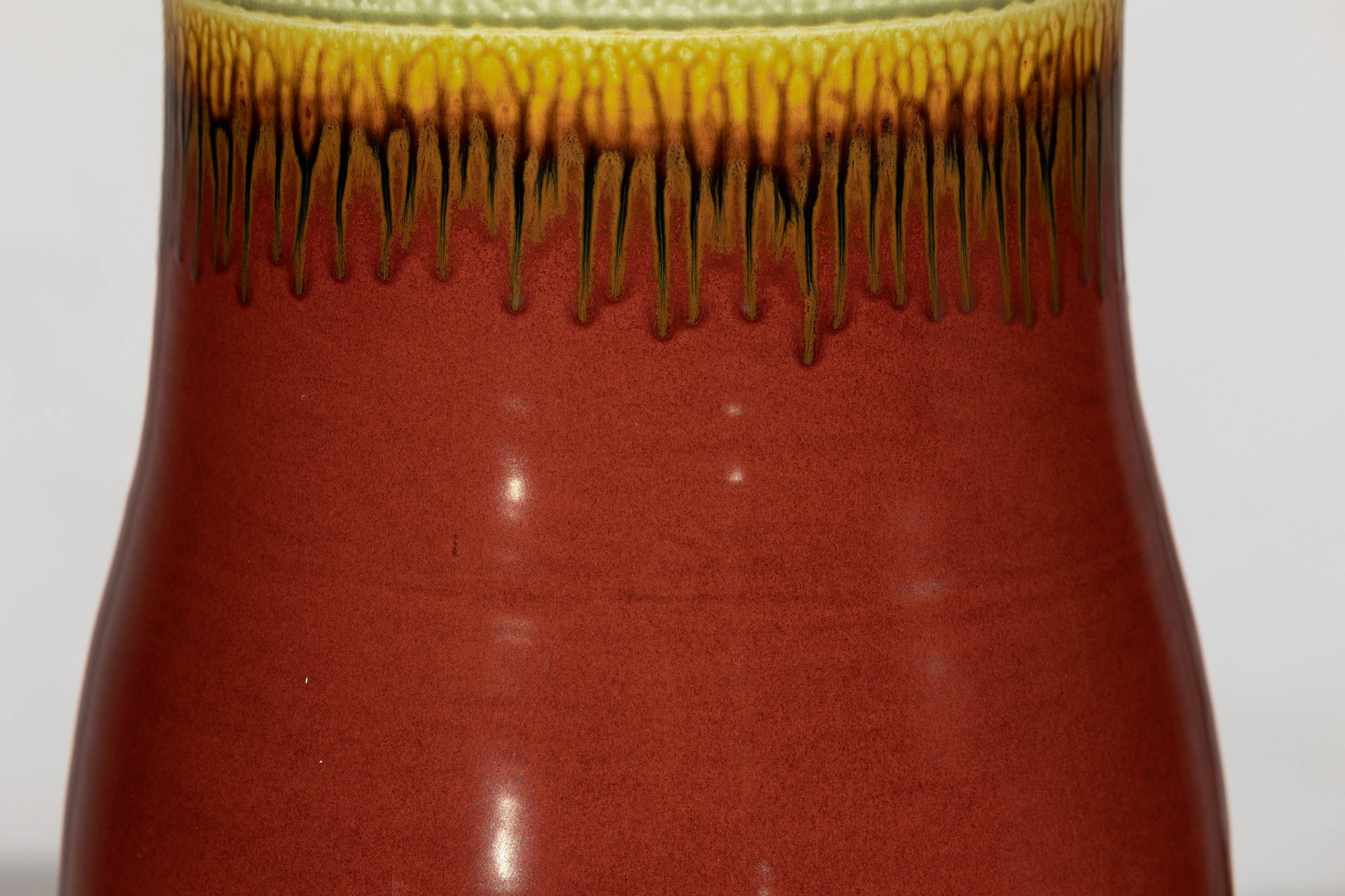 Tall Artisan Hand-Crafted Ceramic Vase with Green Drip Glaze over Red Base