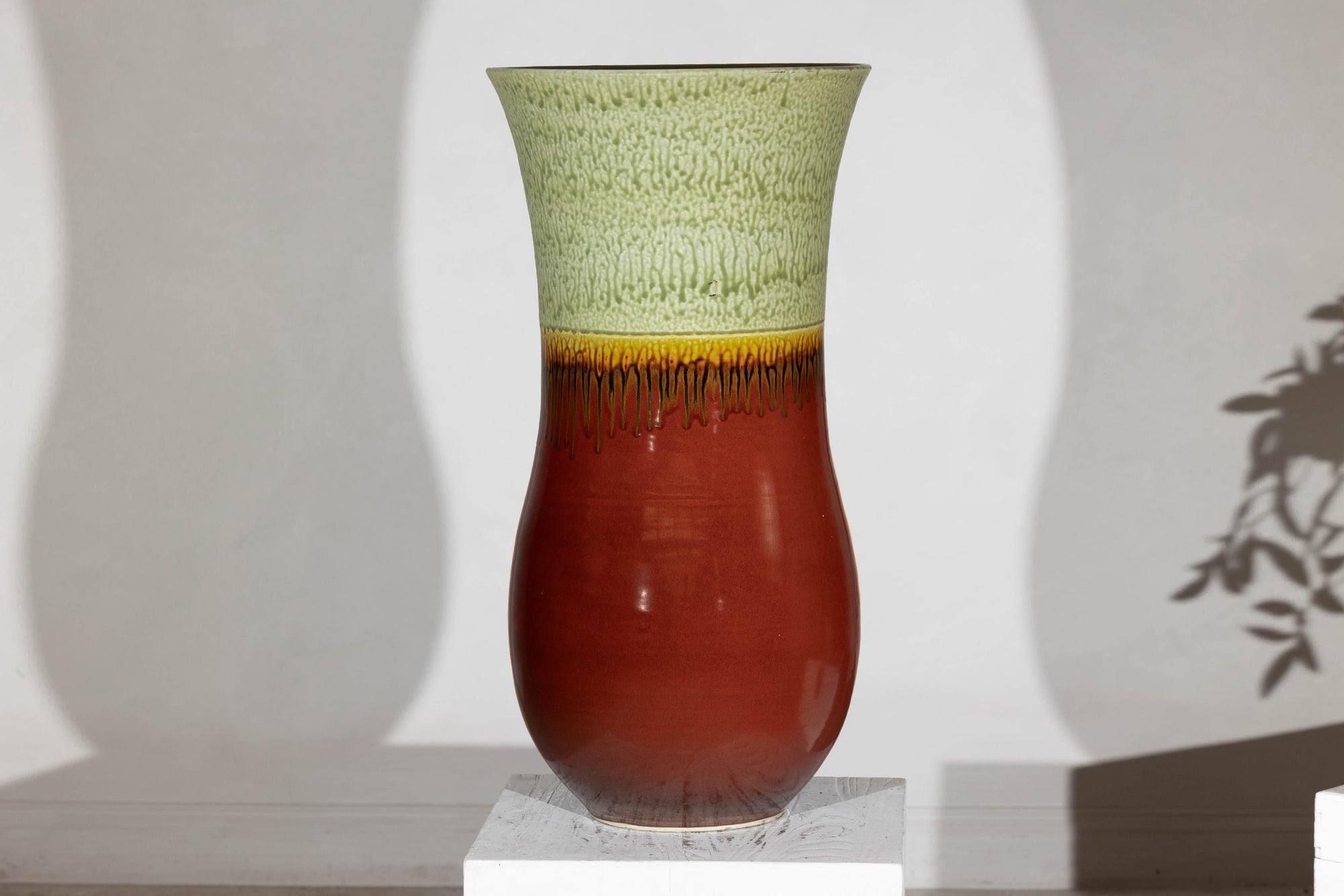 Tall Artisan Hand-Crafted Ceramic Vase with Green Drip Glaze over Red Base