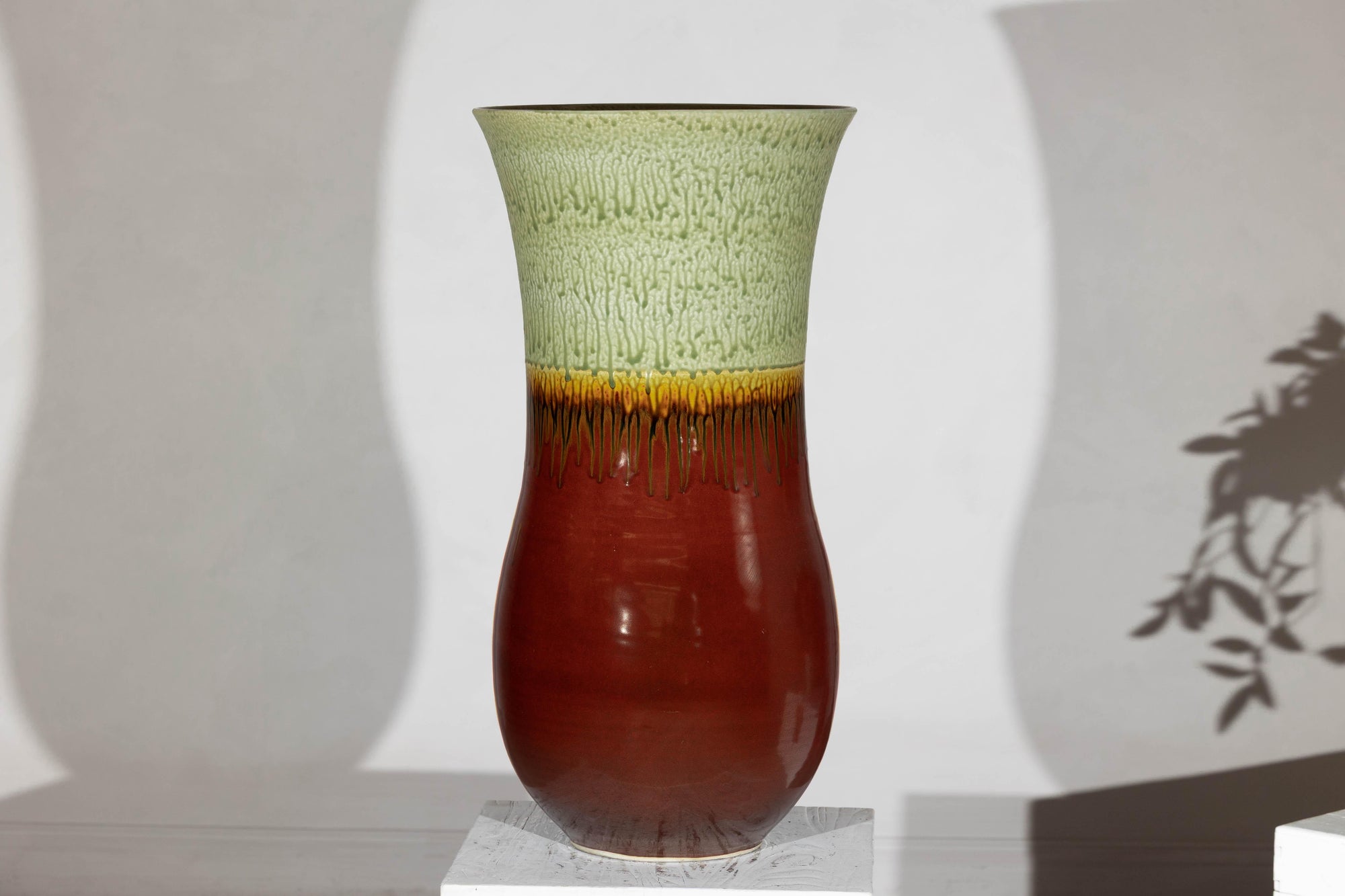 Tall Artisan Hand-Crafted Ceramic Vase with Green Drip Glaze over Red Base