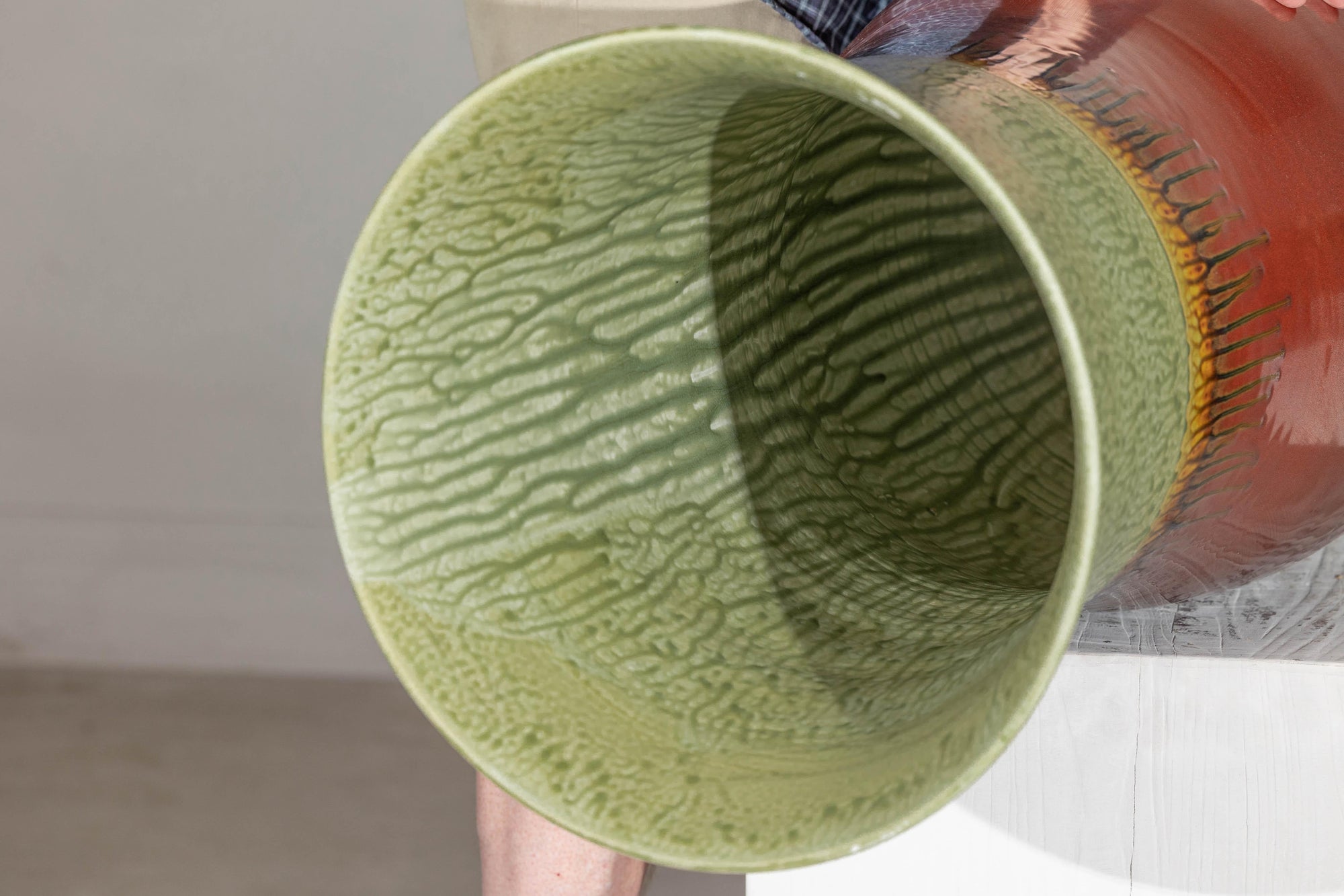 Tall Artisan Hand-Crafted Ceramic Vase with Green Drip Glaze over Red Base