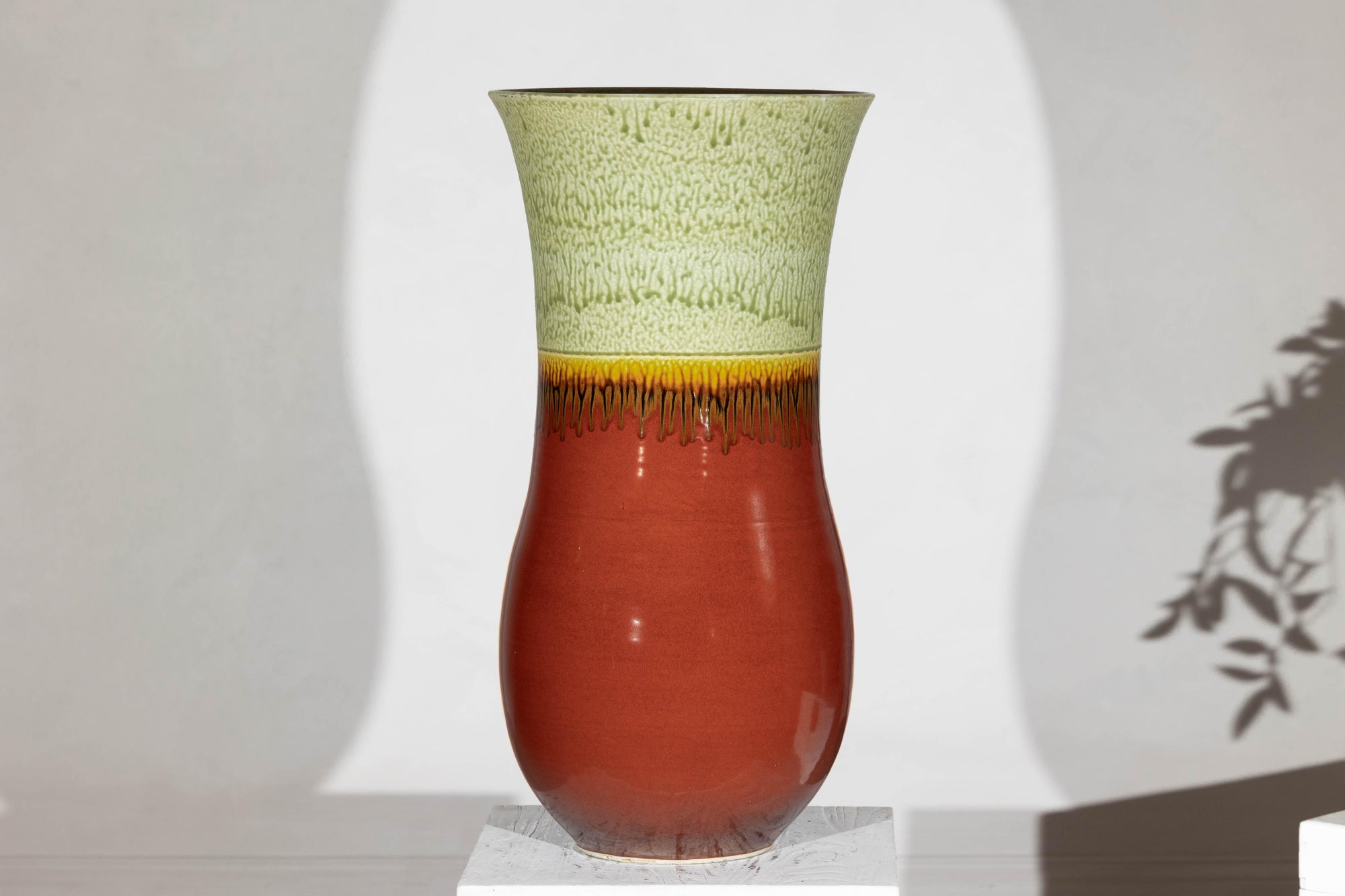 Tall Artisan Hand-Crafted Ceramic Vase with Green Drip Glaze over Red Base
