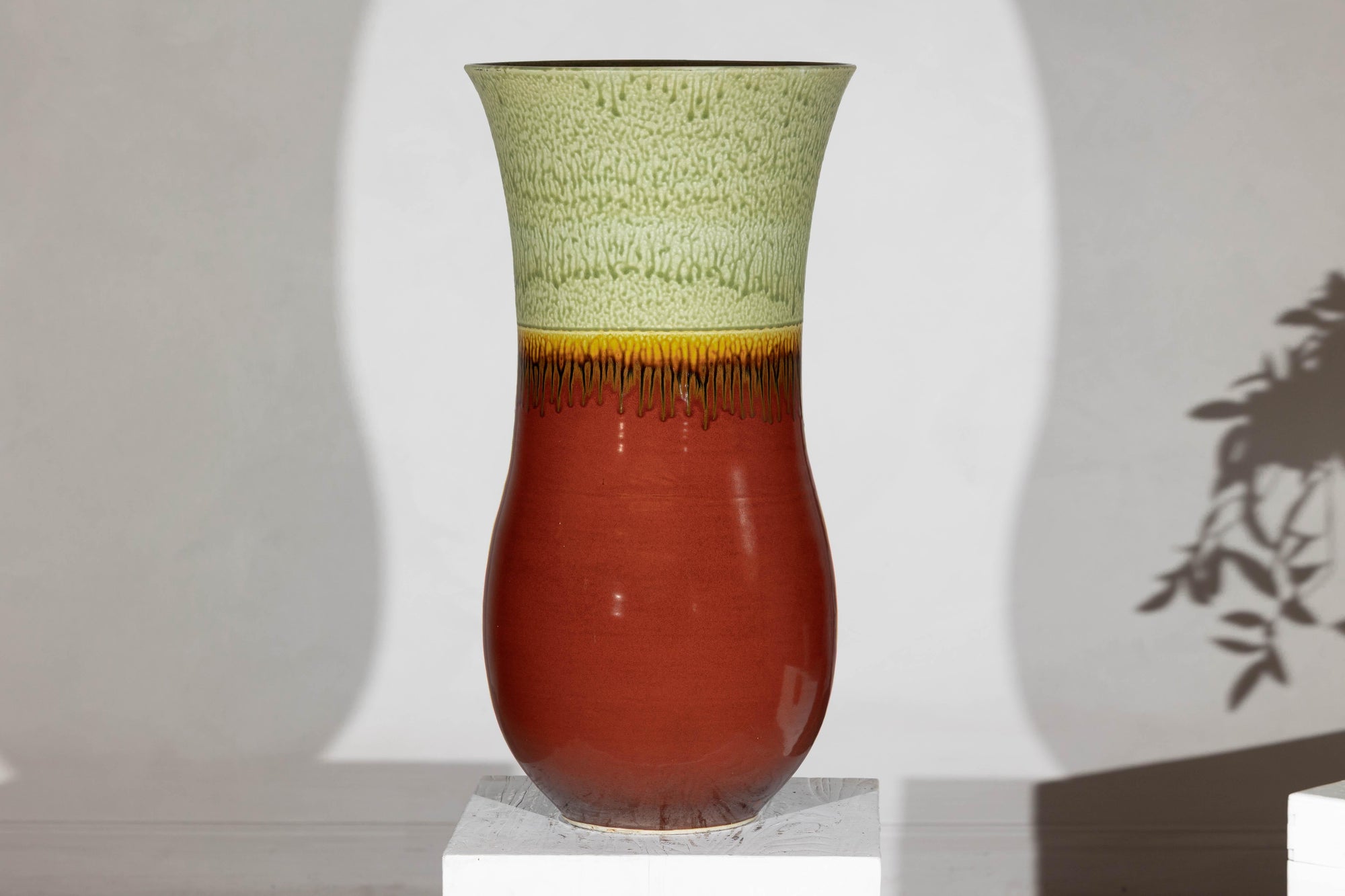 Tall Artisan Hand-Crafted Ceramic Vase with Green Drip Glaze over Red Base