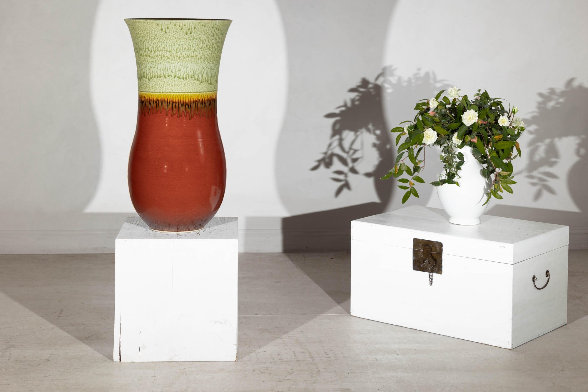 Tall Artisan Hand-Crafted Ceramic Vase with Green Drip Glaze over Red Base