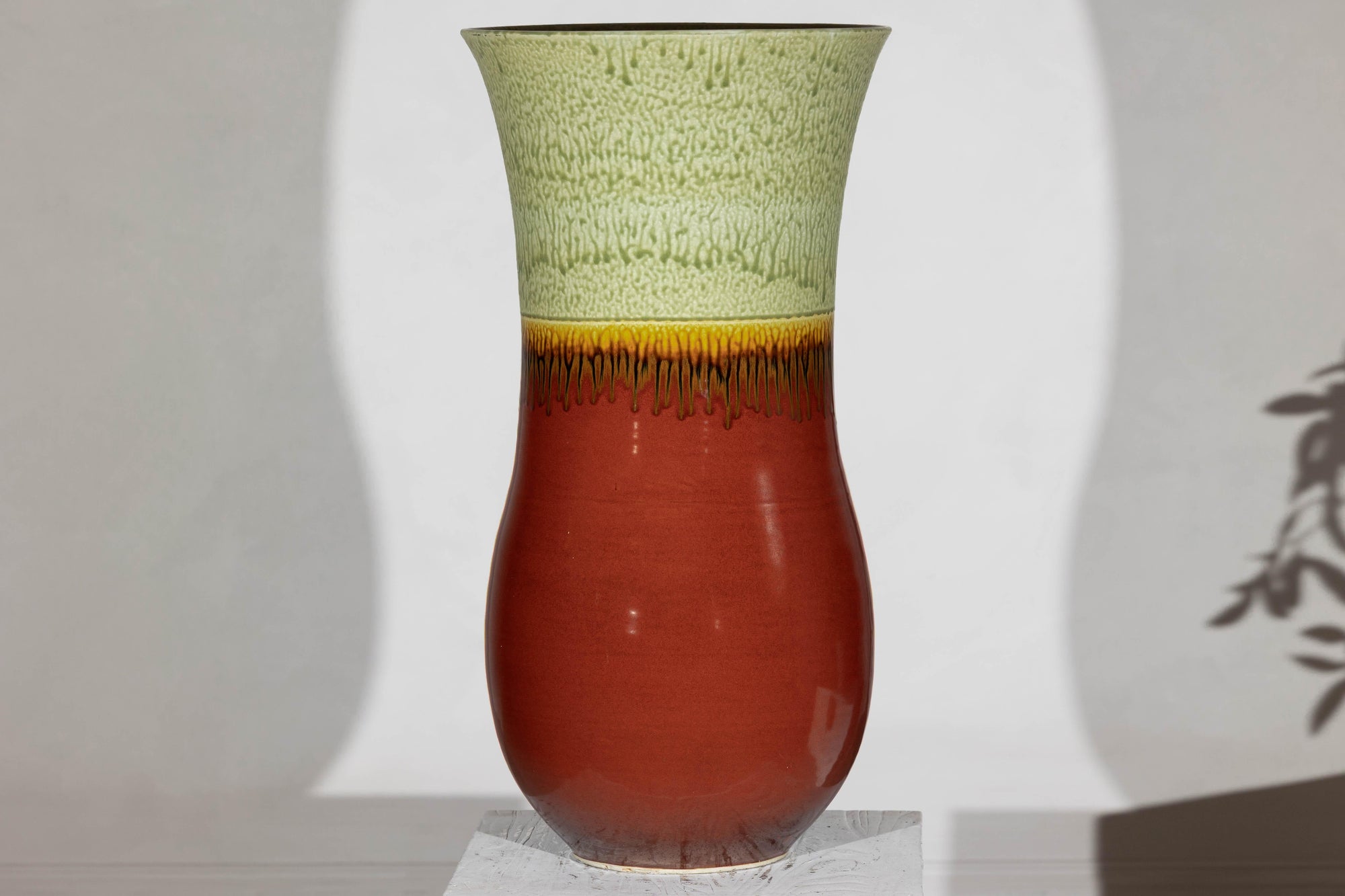 Tall Artisan Hand-Crafted Ceramic Vase with Green Drip Glaze over Red Base