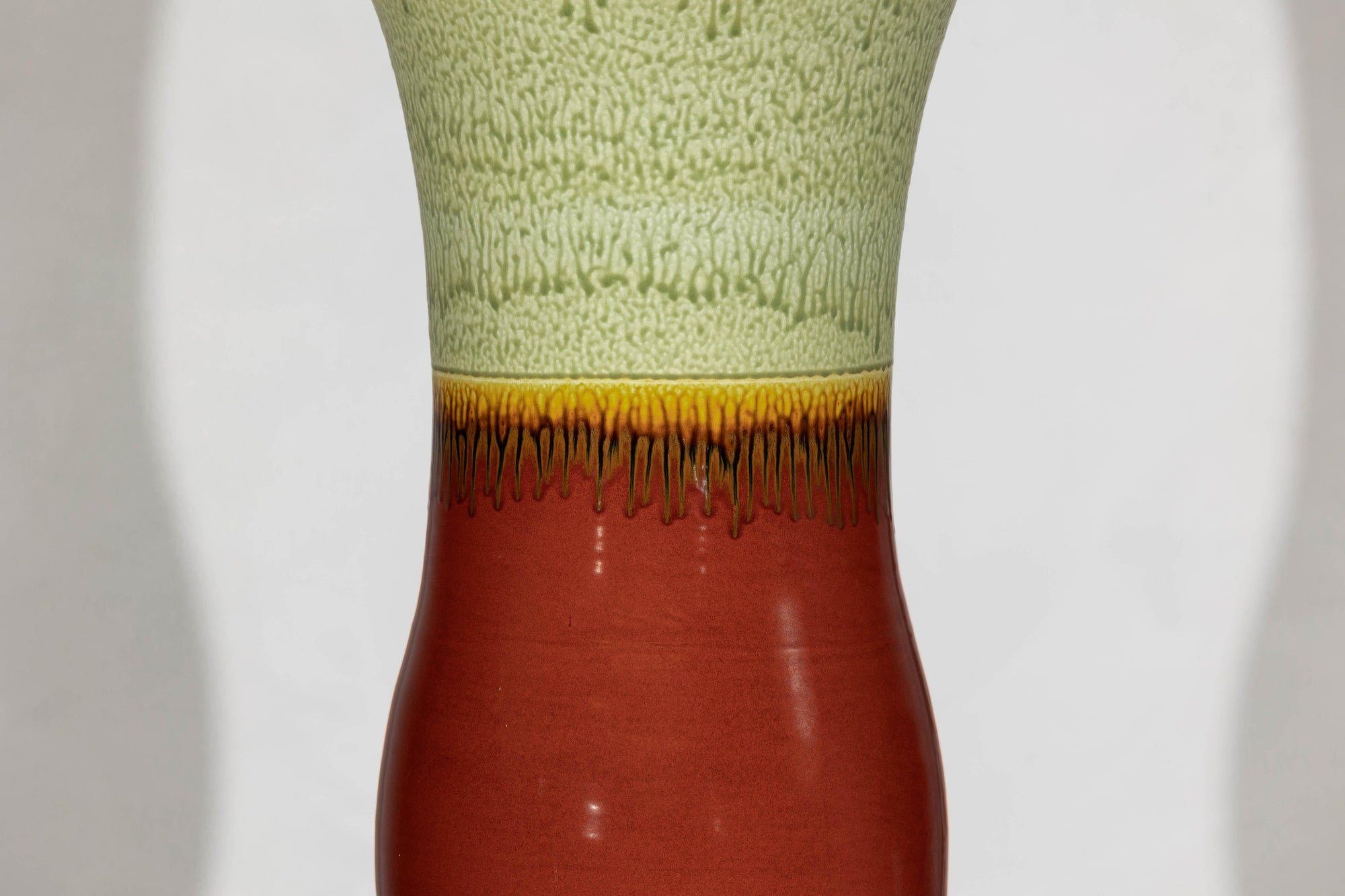 Tall Artisan Hand-Crafted Ceramic Vase with Green Drip Glaze over Red Base