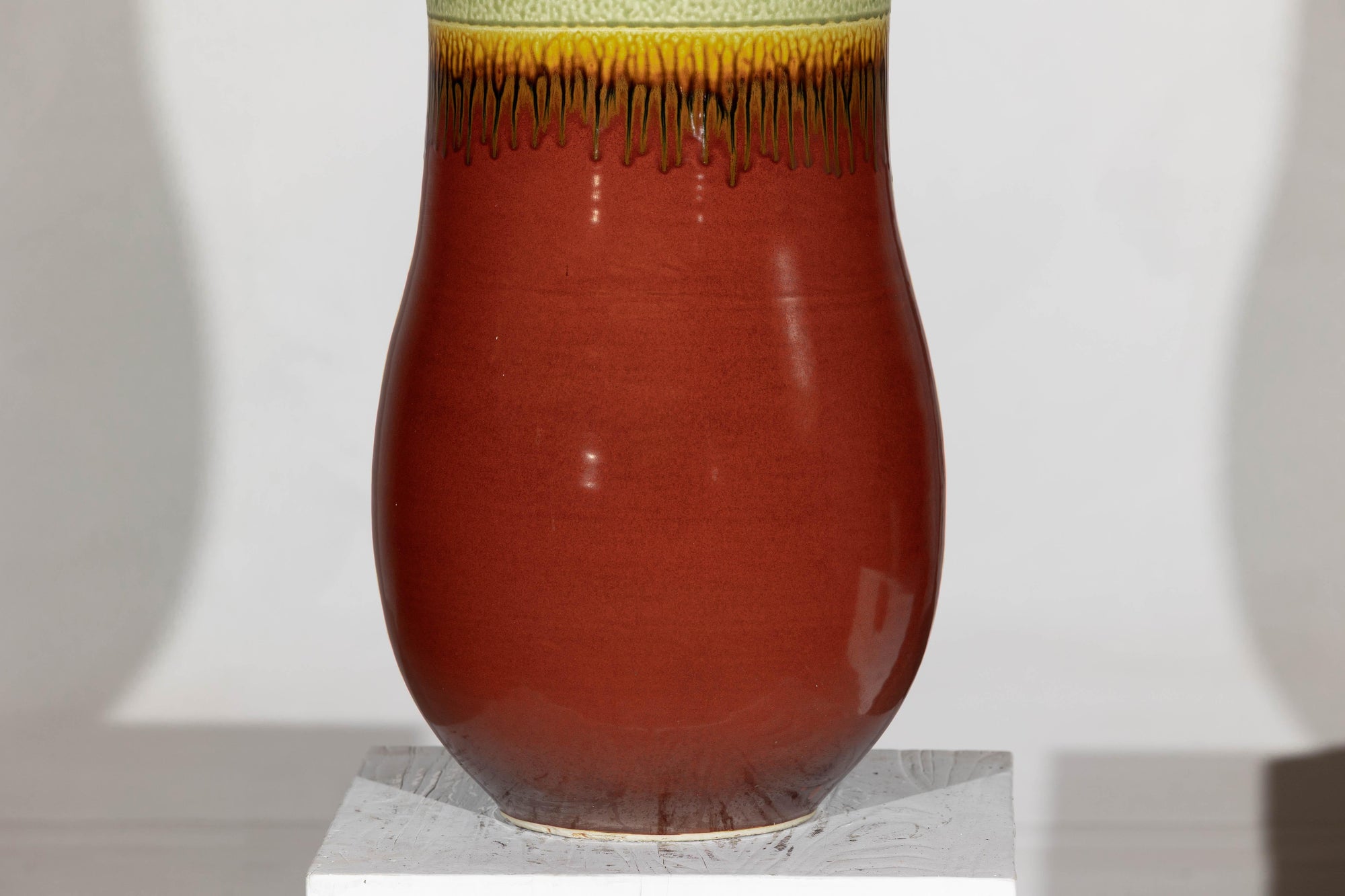Tall Artisan Hand-Crafted Ceramic Vase with Green Drip Glaze over Red Base